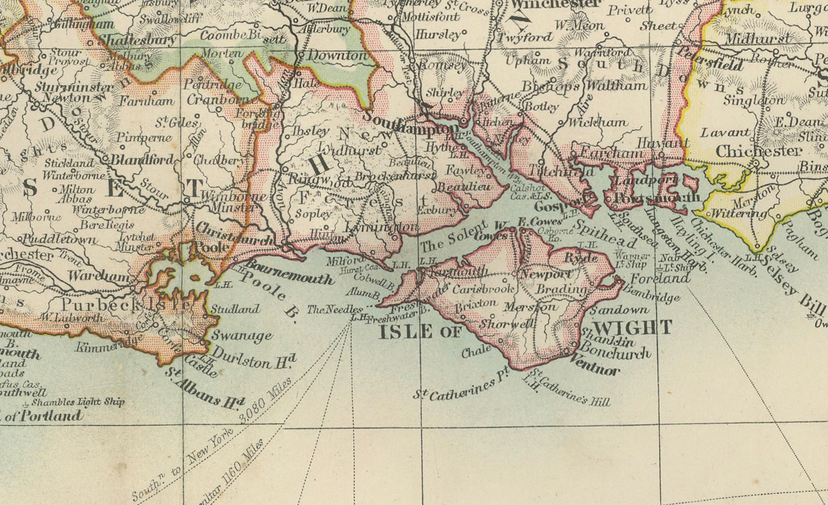 XX secolo Carta antica dell'Inghilterra meridionale e del Galles, 1903, con dettagli della costa e ferrovie in vendita