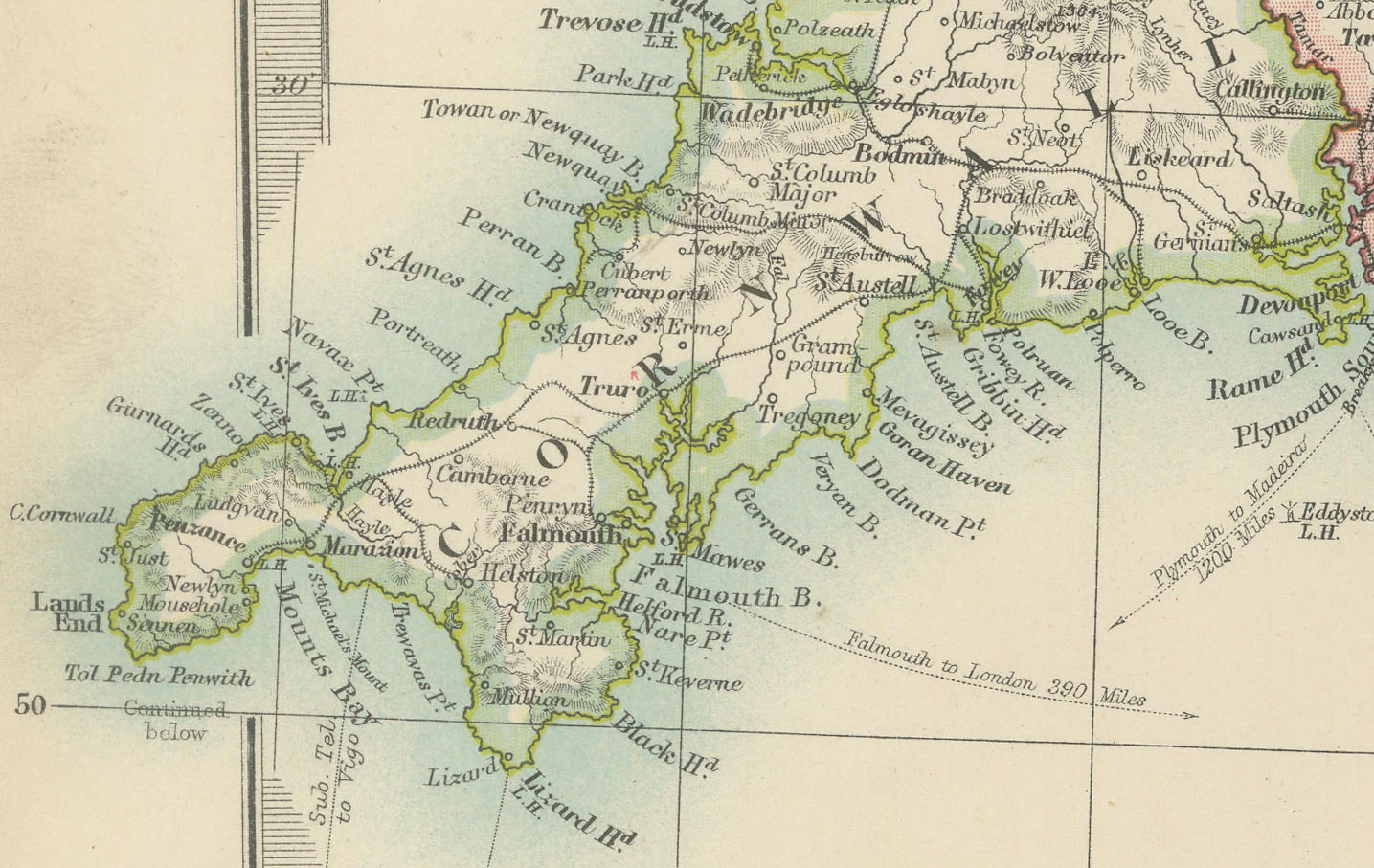 Carta antica dell'Inghilterra meridionale e del Galles, 1903, con dettagli della costa e ferrovie in vendita 1
