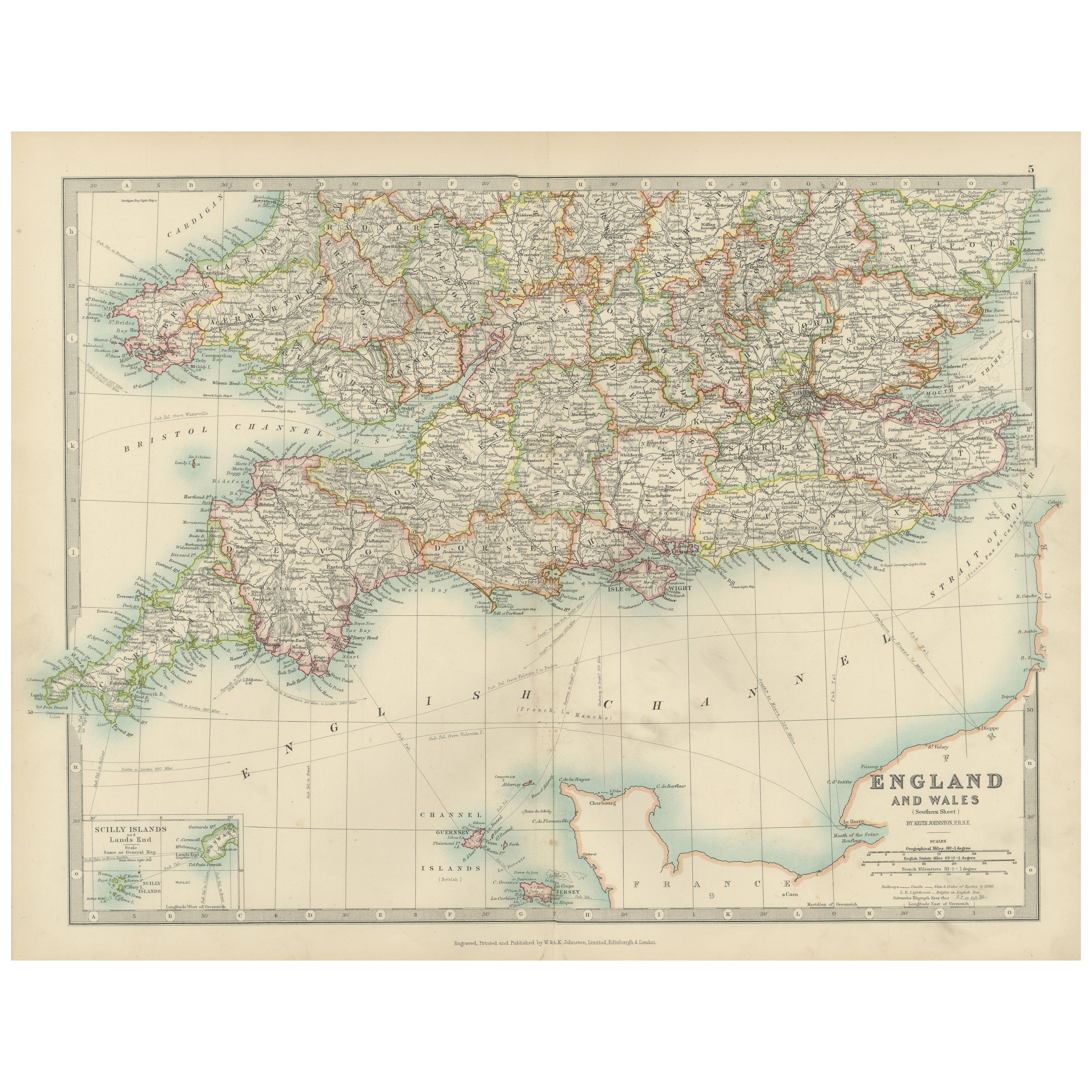 Mapa antiguo del sur de Inglaterra y Gales, 1903, con detalles costeros y ferrocarriles