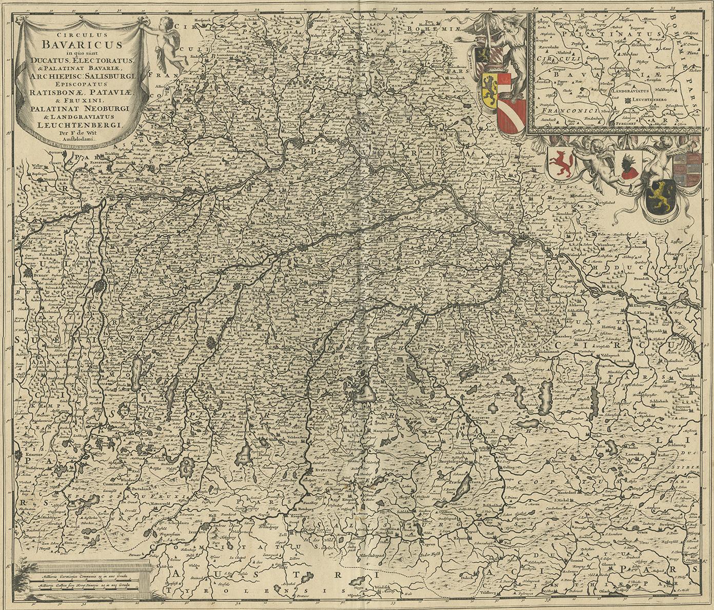 This antique map depicts a portion of southern Germany that included the historic regions of Bavaria, the Palatinate, Prussia-Brandenburg, the Rhineland and Saxony. Regensberg, Freising and Munich are at the center of the image with areas shown east