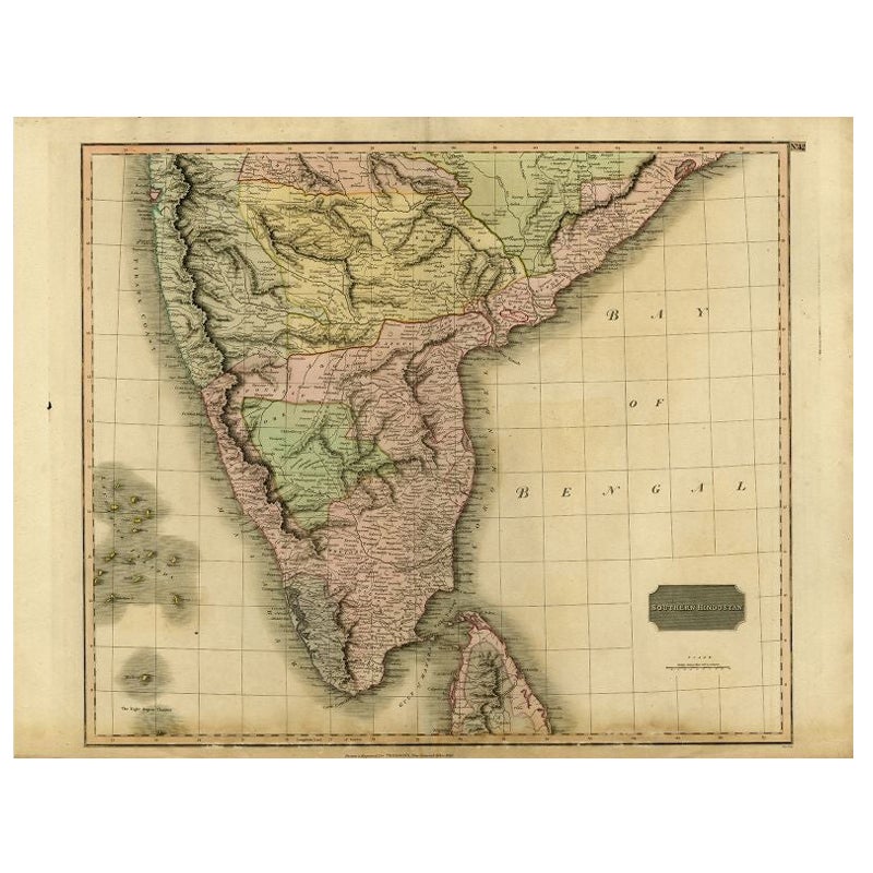 Mapa antiguo de la India meridional y Ceilán por Thomson, 1816