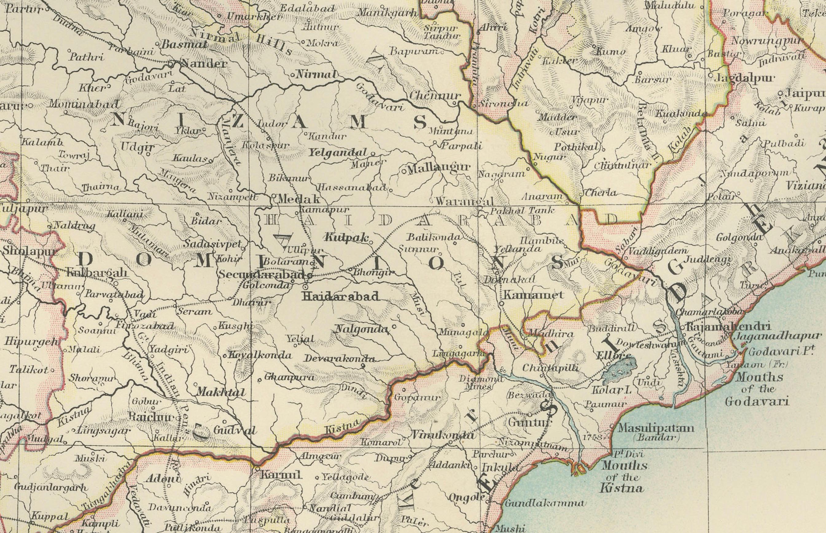 Titre : Carte ancienne de l'Inde du Sud et des provinces du Sud-Est, 1903, avec des détails complexes.

Description :
Cette carte ancienne, intitulée 