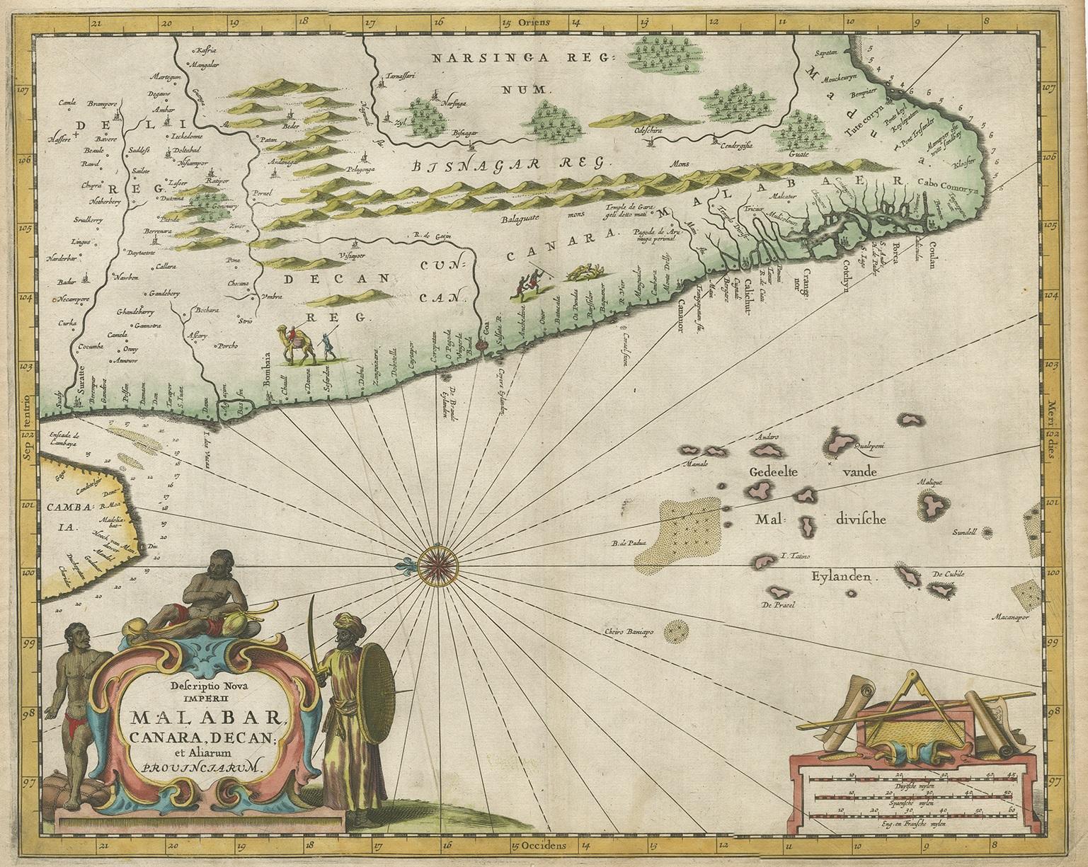 Antique map titled 'Descriptio Nova Imperii Malabar, Canara, Decan; et Aliarum Provinciarum'. This beautiful map is considered one of the foremost sources regarding Dutch settlements in southern India. The map depicts western India from the southern