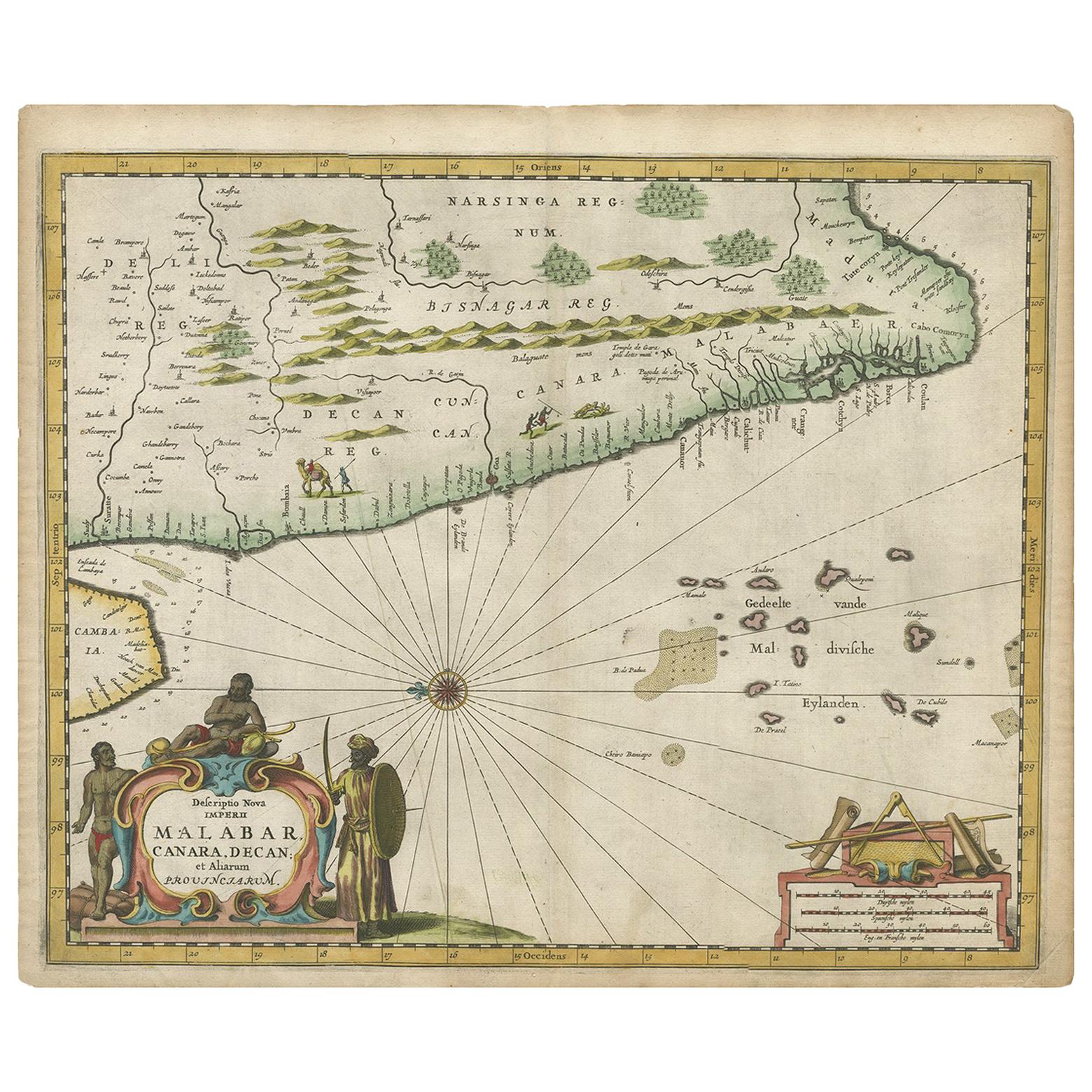 Antique Map of Southern India by Baldaeus, circa 1672