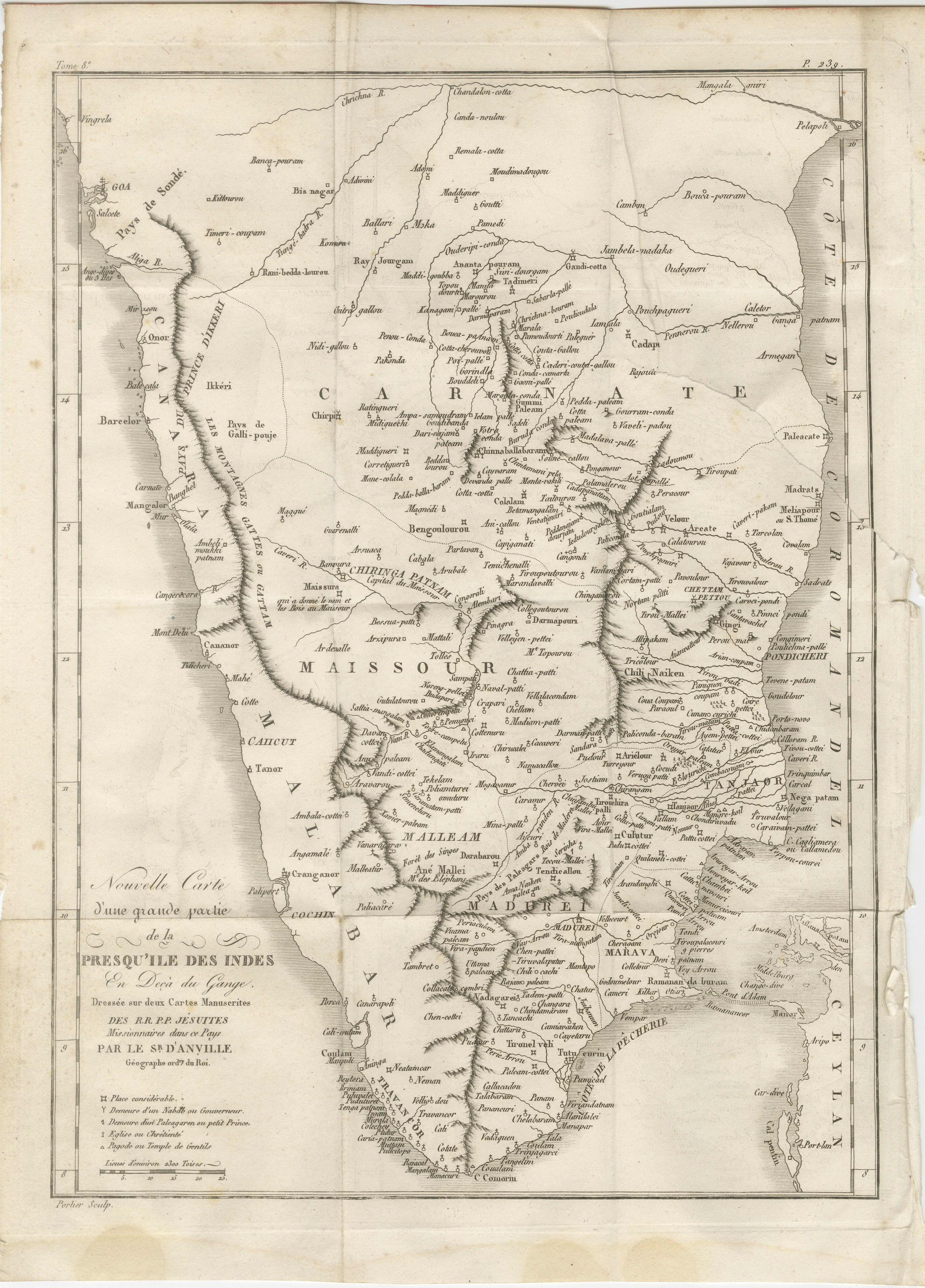 This finely detailed antique map presents the southern portion of India, engraved in the 18th century by the renowned French cartographer Jean-Baptiste Bourguignon d’Anville. 

It depicts the region south of the Krishna River, covering the