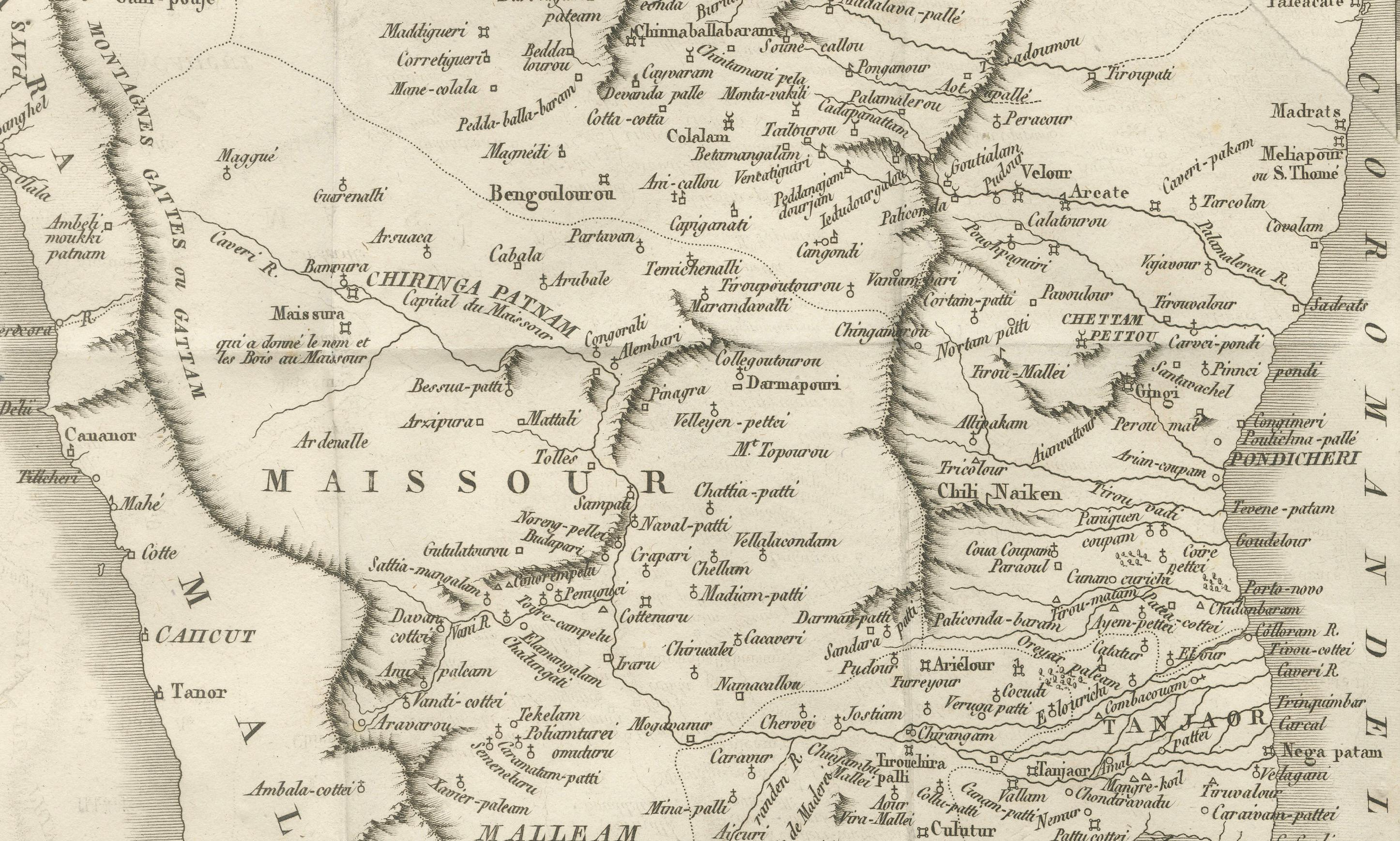 Engraved Antique Map of Southern India – French Engraving by D’Anville, 18th Century For Sale