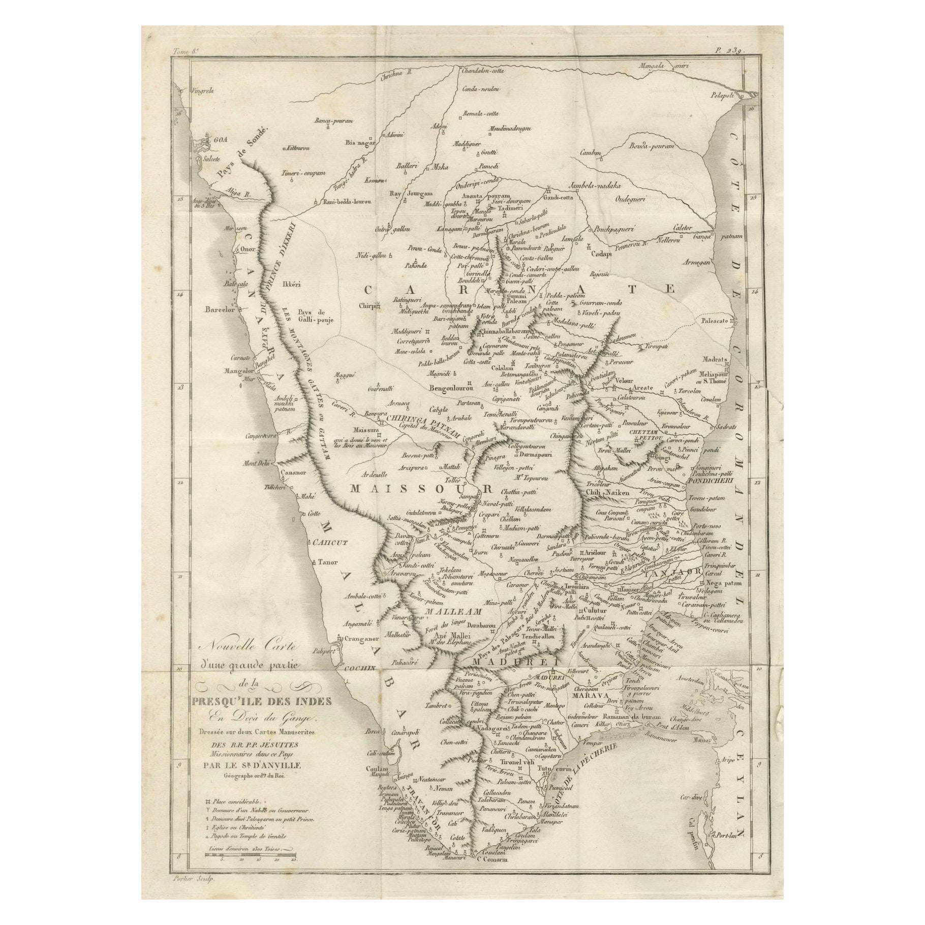 Antique Map of Southern India – French Engraving by D’Anville, 18th Century For Sale