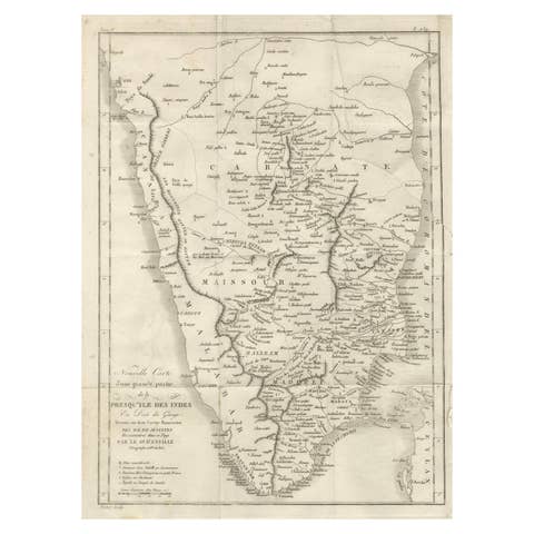 Antique Map of Southern India – French Engraving by D’Anville, 18th Century