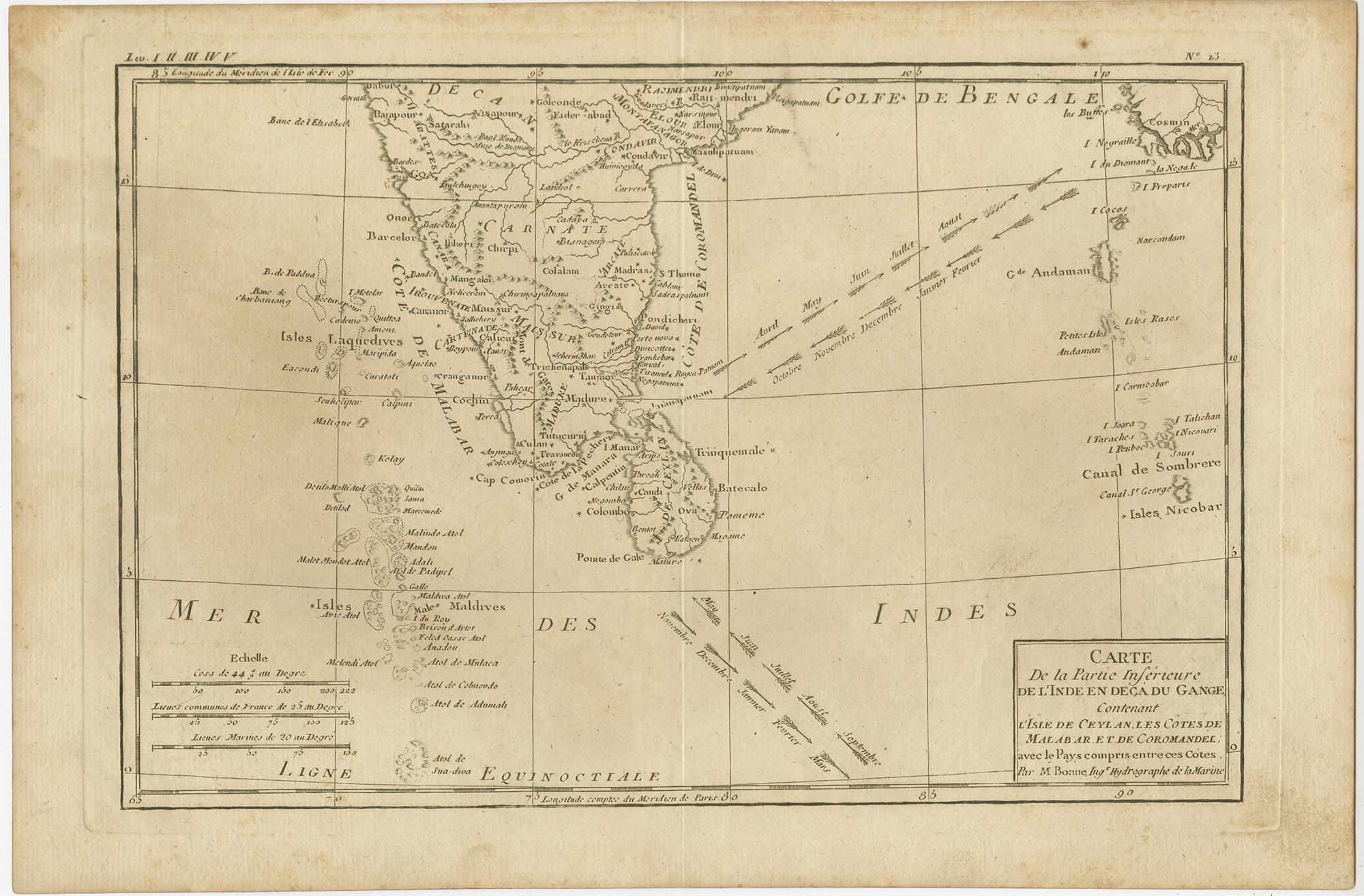 Carte ancienne intitulée 'Carte de la Partie Inferieure De L'Inde En Deca Du Gange (...)'. Carte intéressante de l'Inde du Sud, des Maldives et du Sri Lanka. Inclut une carte des courants mois par mois. Publié par ou après Bonne, vers 1790.