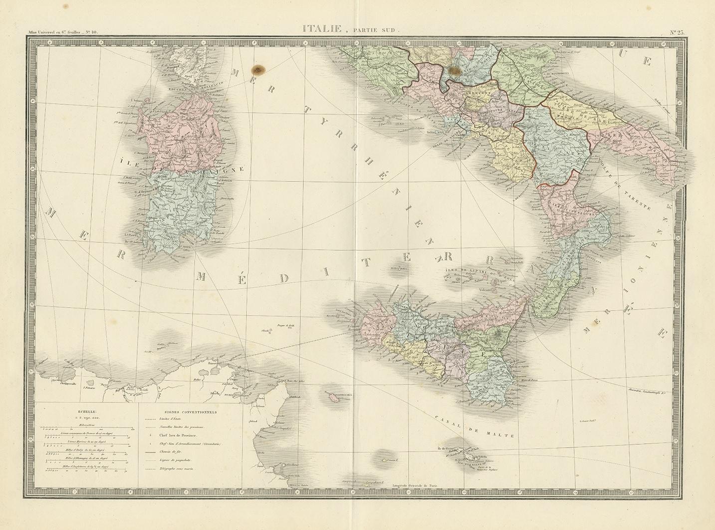 Antique map titled 'Italy, partie sud'. Large map of Southern Italy. This map originates from 'Atlas de Géographie Moderne Physique et Politique' by A. Levasseur. Published 1875.