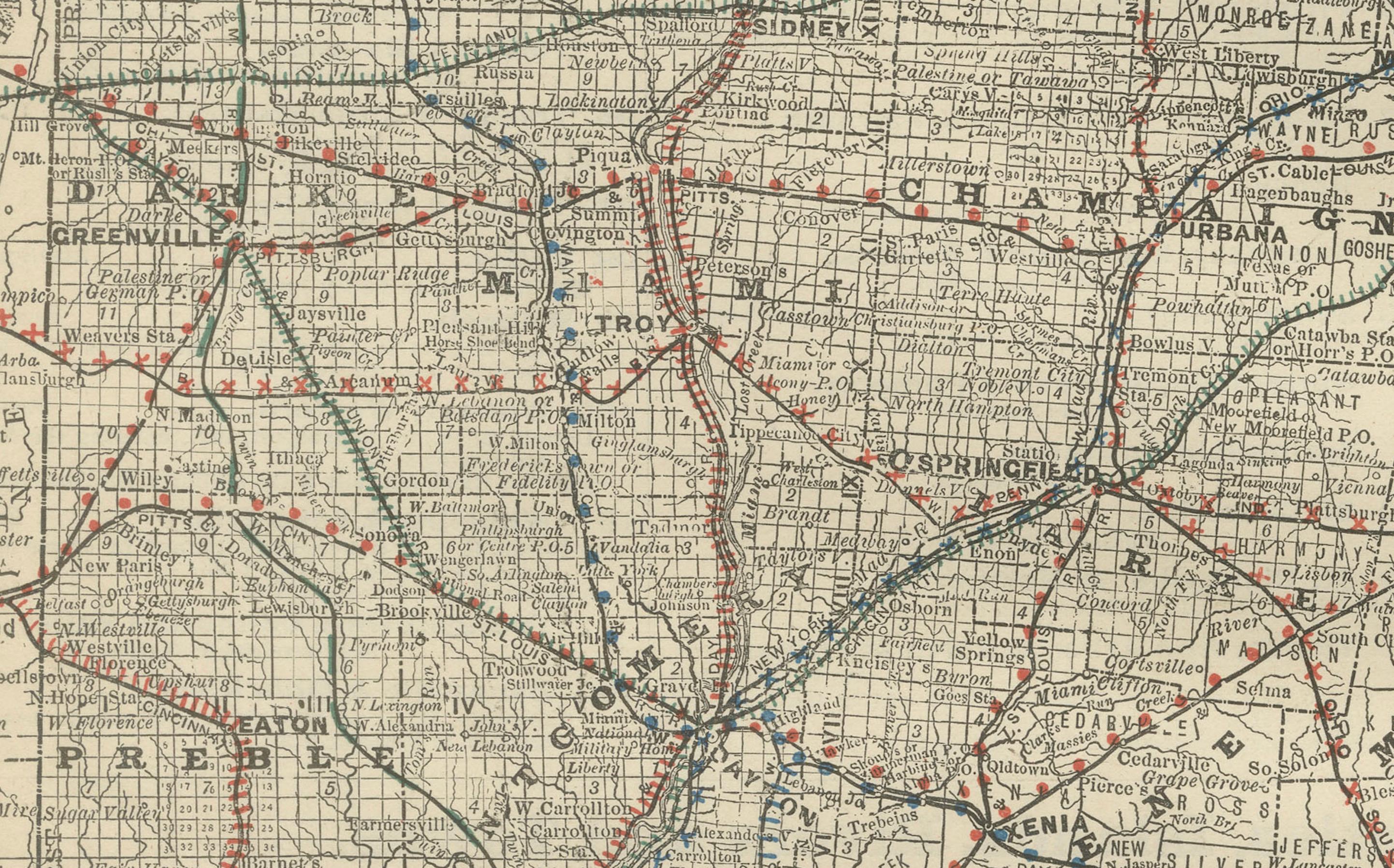 Antique Map of Southern Ohio – The Buckeye State - Railroads & Townships, 1888 In Good Condition For Sale In Langweer, NL