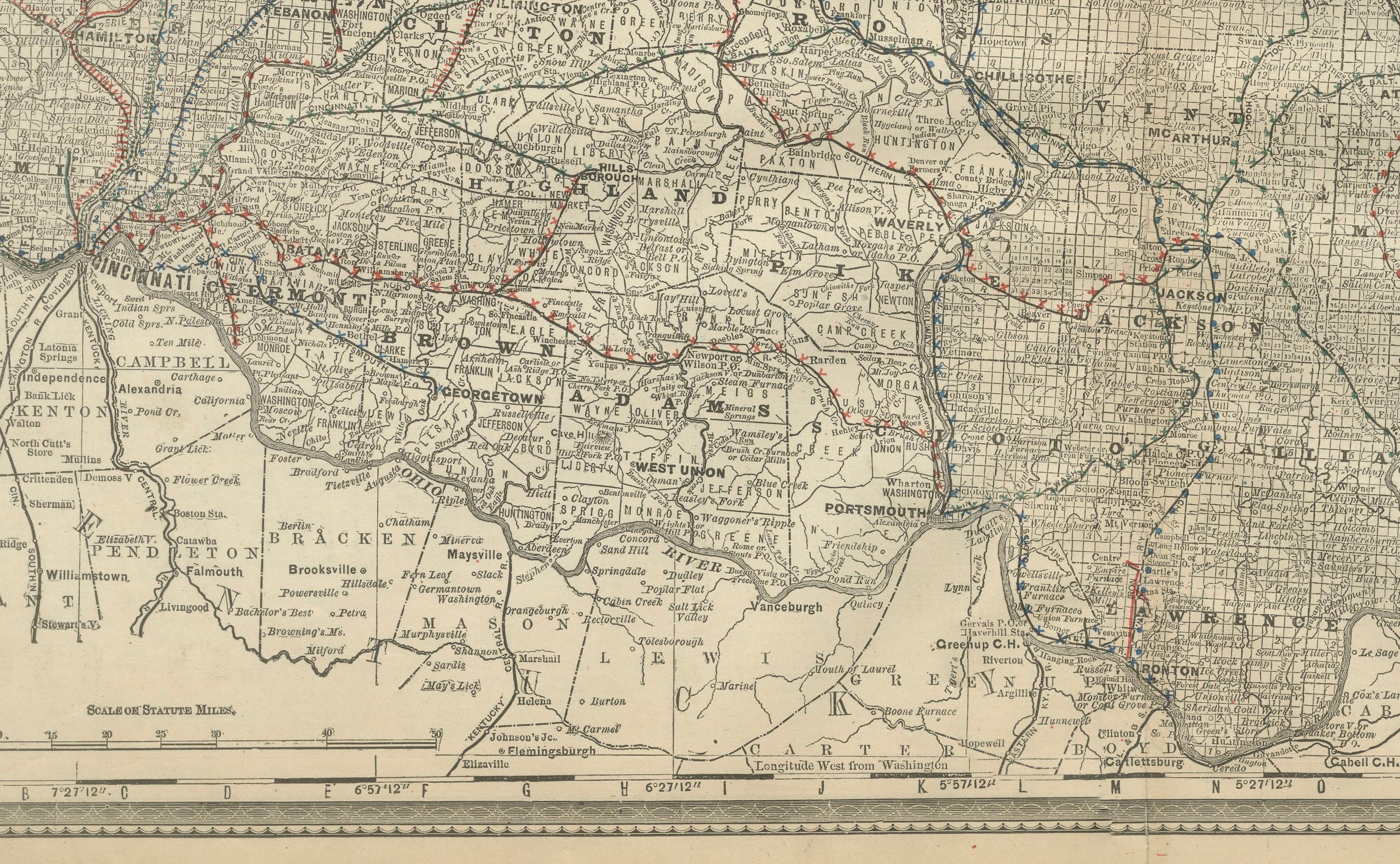 Paper Antique Map of Southern Ohio – The Buckeye State - Railroads & Townships, 1888 For Sale
