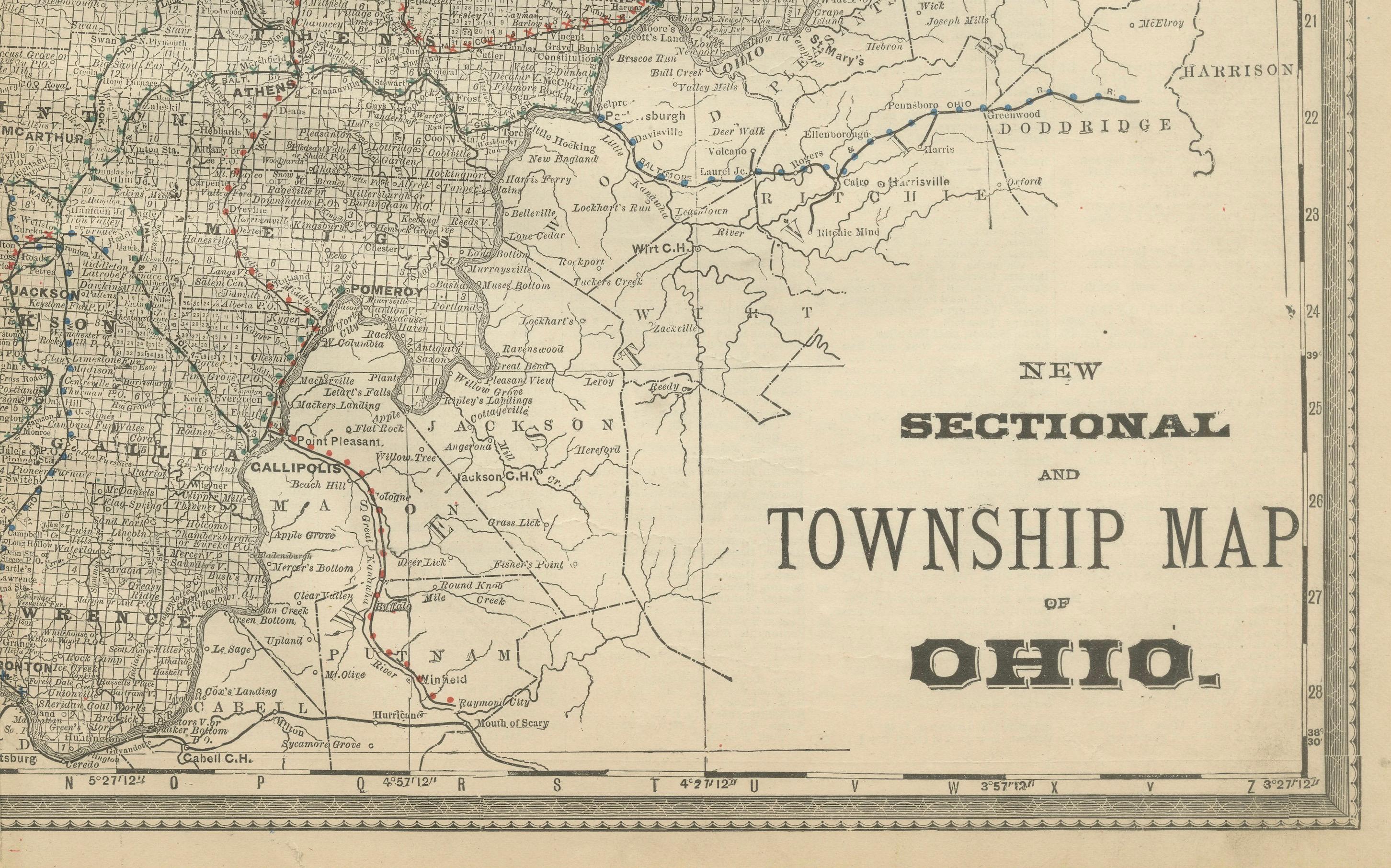 Antique Map of Southern Ohio – The Buckeye State - Railroads & Townships, 1888 For Sale 1