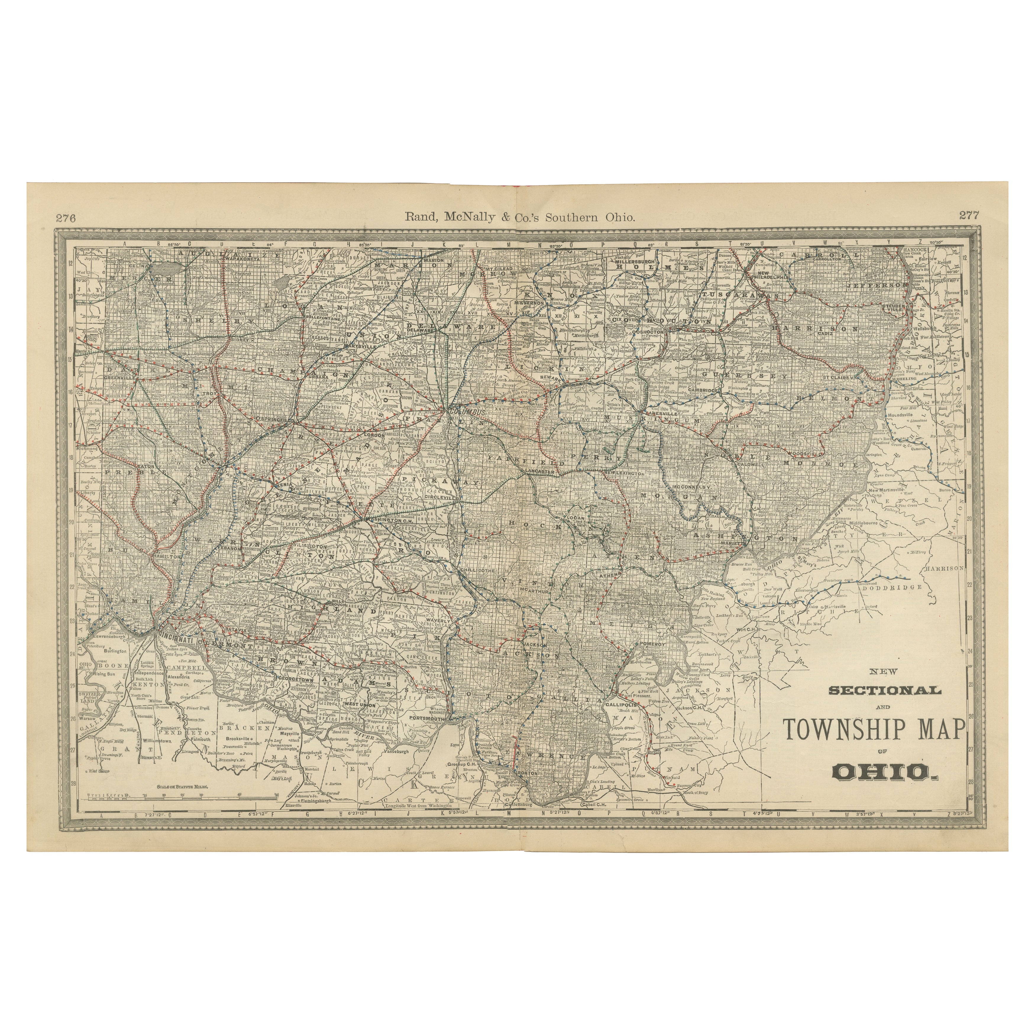 Antique Map of Southern Ohio – The Buckeye State - Railroads & Townships, 1888