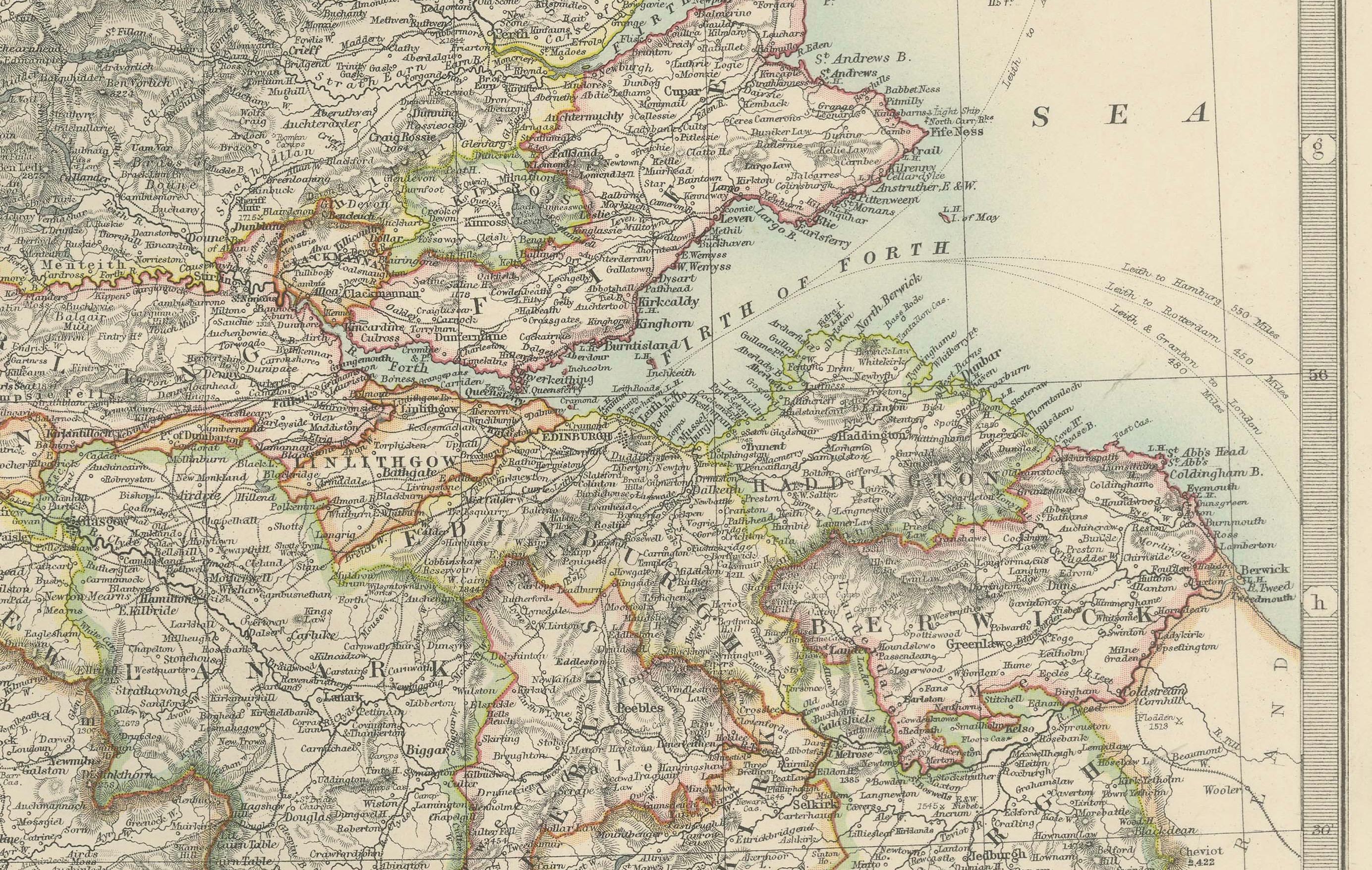 20ième siècle Carte ancienne du sud de l'Ecosse, 1903, avec détails côtiers et intérieurs en vente