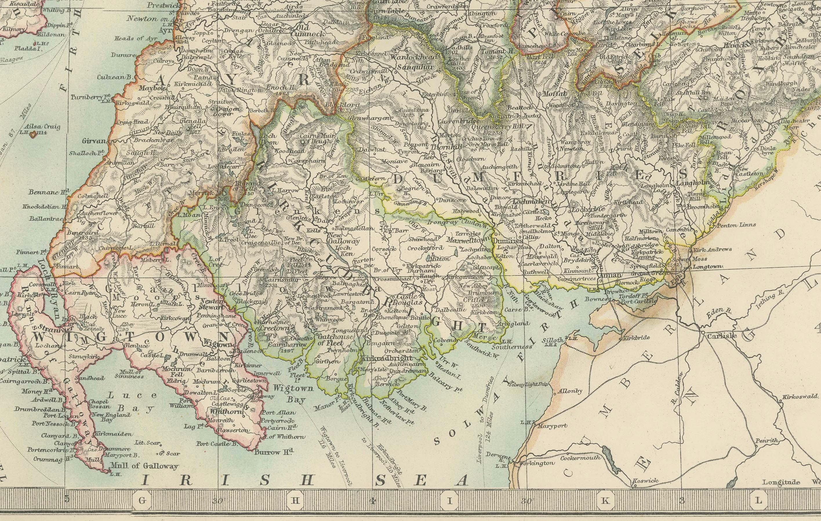 Papier Carte ancienne du sud de l'Ecosse, 1903, avec détails côtiers et intérieurs en vente