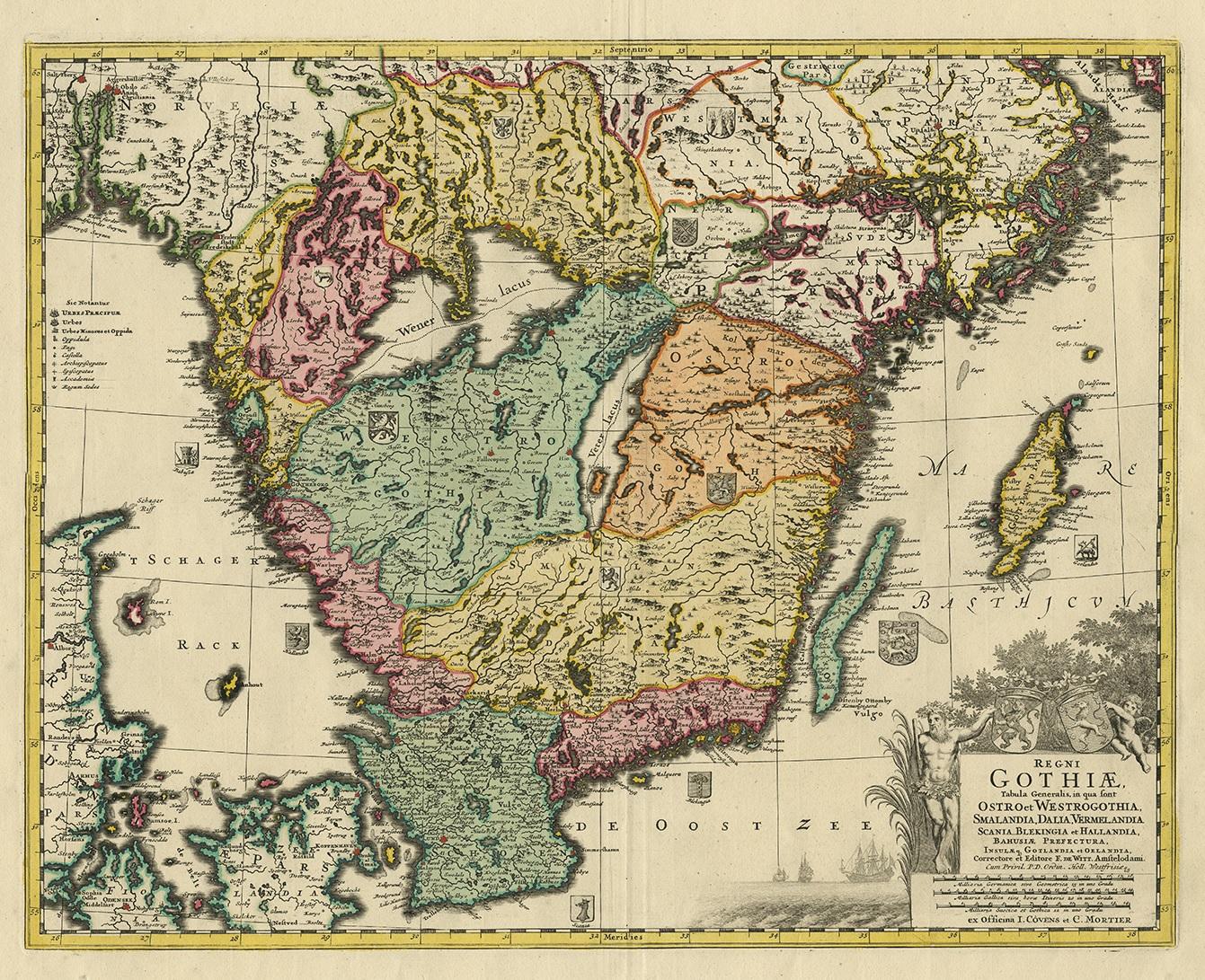 Antique map titled 'Regni Gothiae (..)'. Detailed map of South Sweden. Embellished with beautiful title cartouche with scale and coats of arms. Published in Amsterdam by Covens & Mortier, circa 1720.