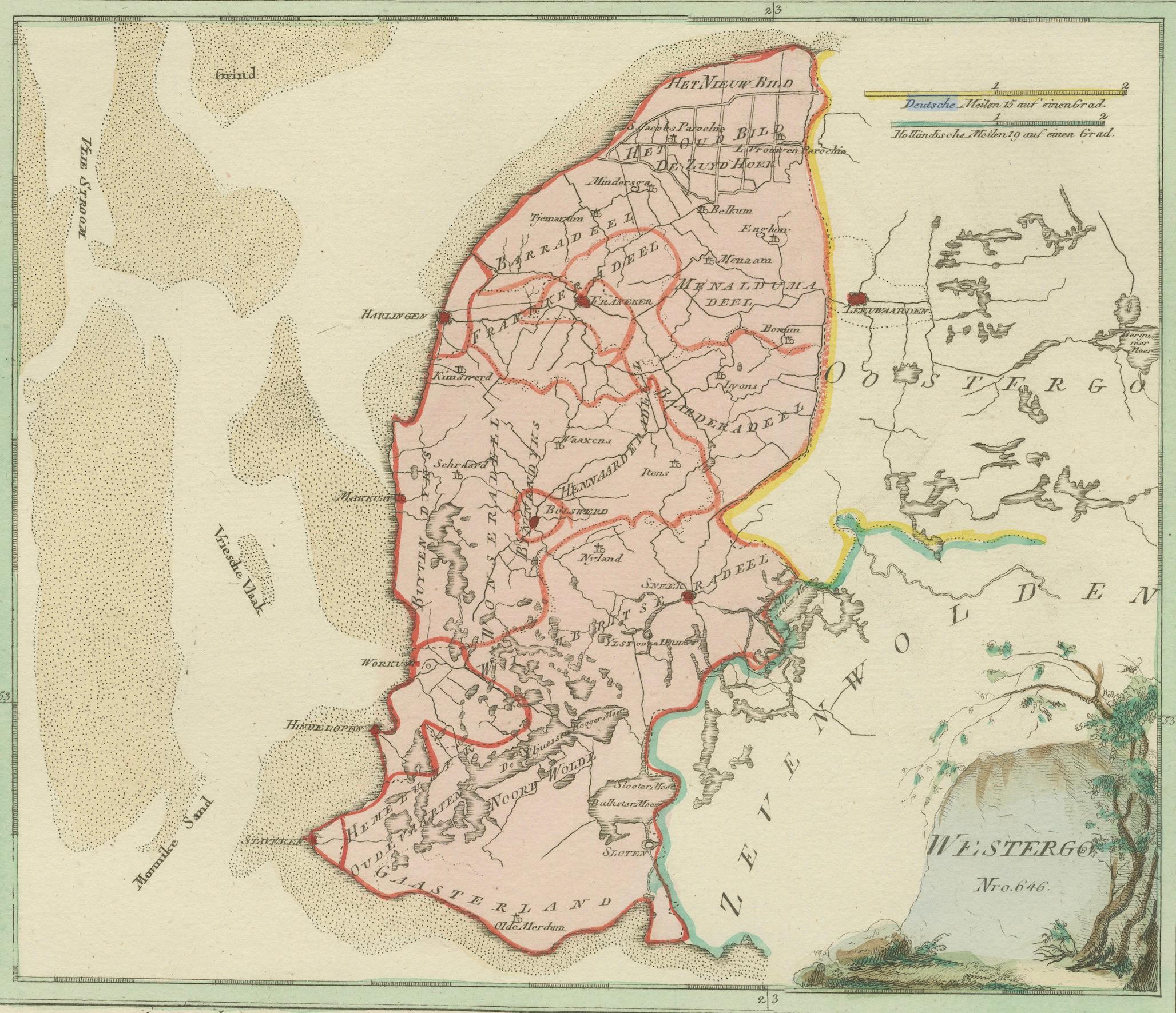 Autrichien Carte ancienne du sud du Westergo, de la Frise par von Reilly, 1791 en vente