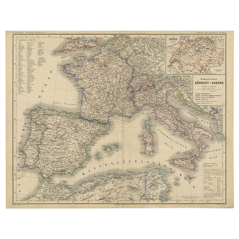 Carta geografica antica dell'Europa sud-occidentale di Kiepert, 1870 ca.