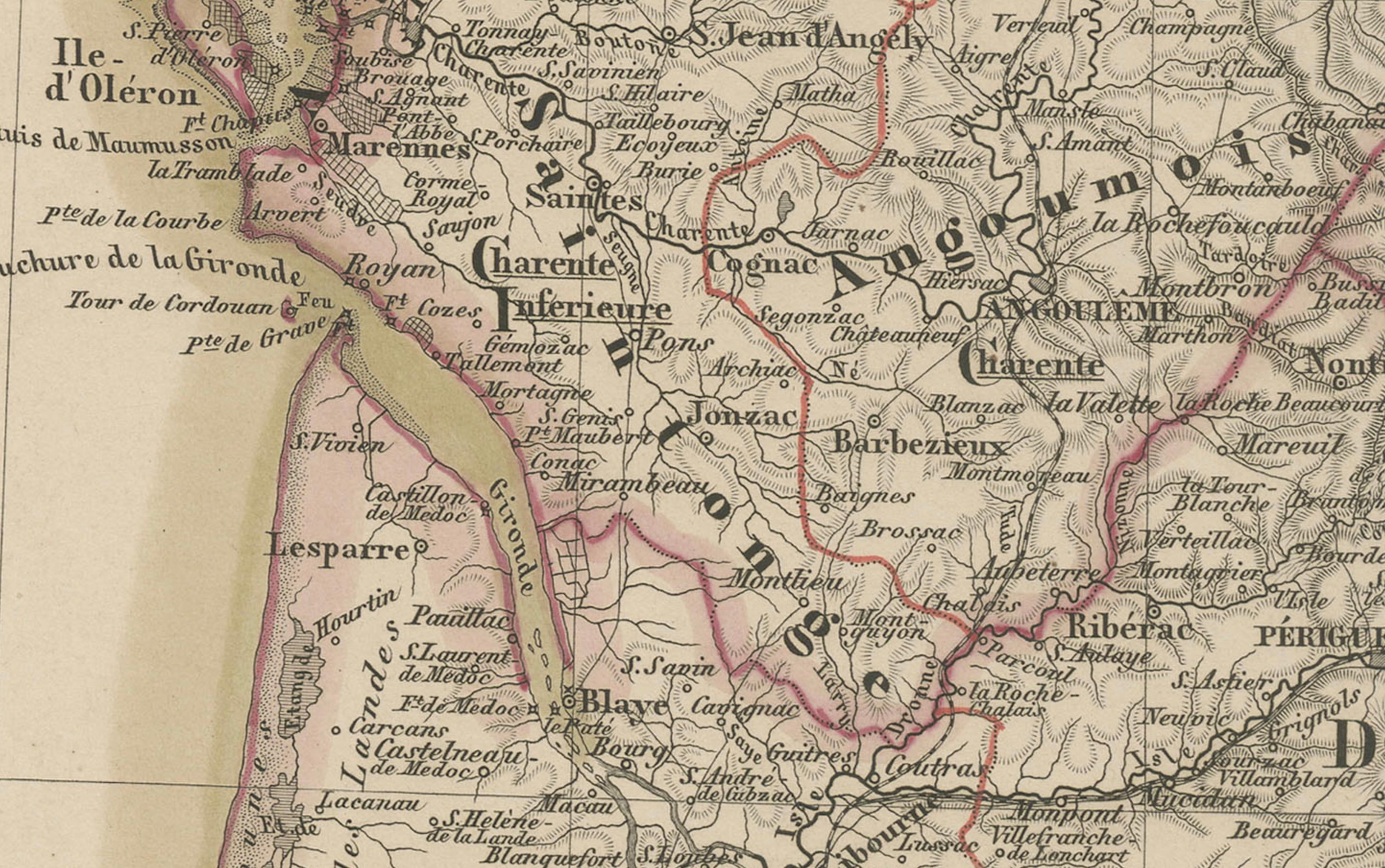 Mapa antiguo del suroeste de Francia - Con inserciones de París y Lyon, 1858

Mapa detallado en cobre de 
