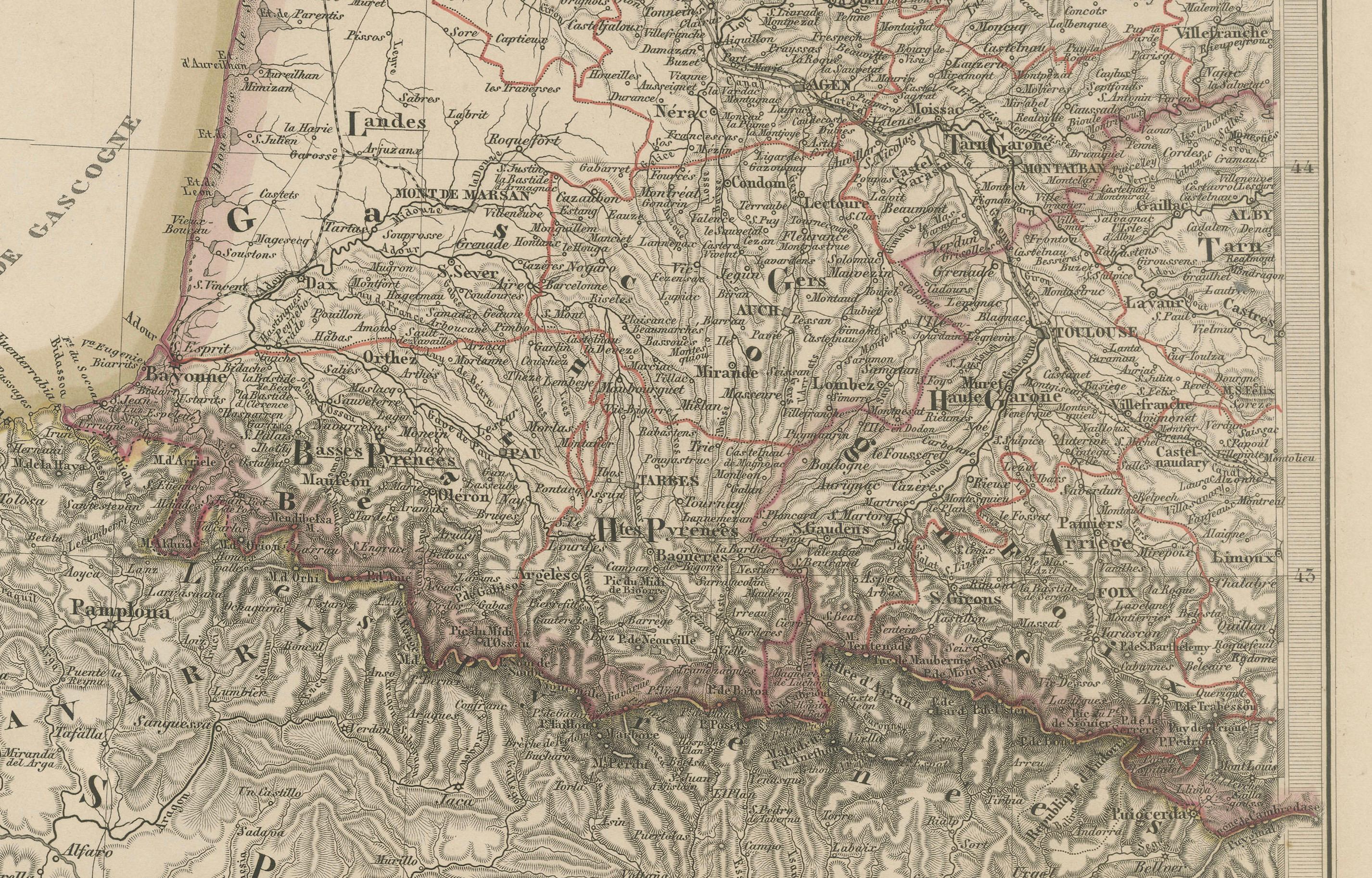 Mapa antiguo del suroeste de Francia - Con inserciones de París y Lyon, 1858 Alemán en venta