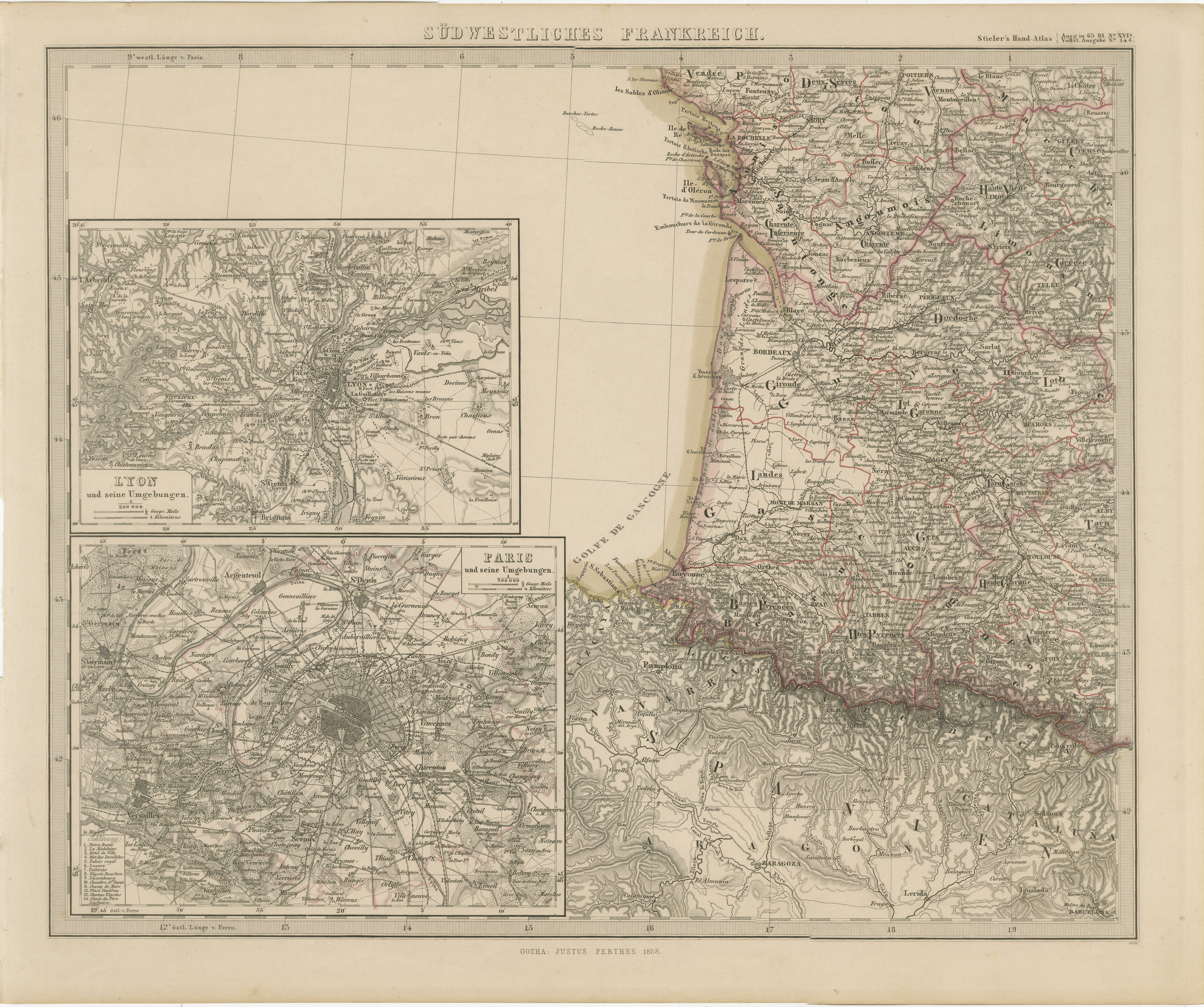 Mapa antiguo del suroeste de Francia - Con inserciones de París y Lyon, 1858