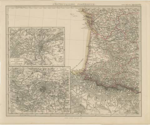 Antique Map of Southwestern France – With Insets of Paris & Lyon, 1858