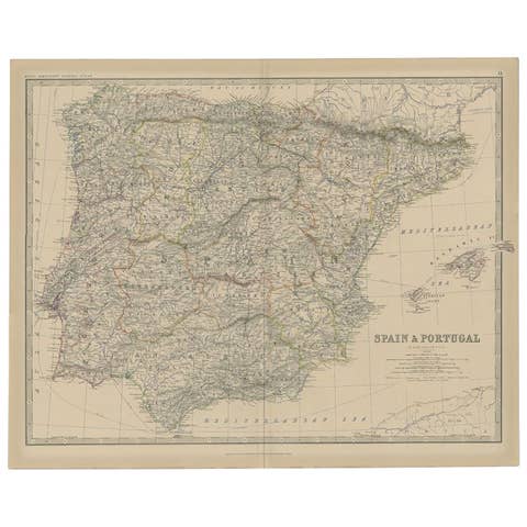 Antique Map of Spain and Portugal, 1882