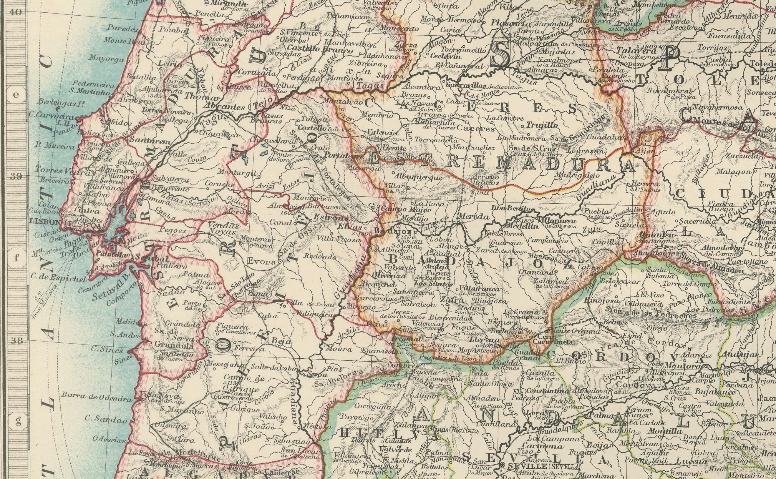 Carte ancienne de l'Espagne et du Portugal, 1903, limites régionales et détails côtiers Bon état - En vente à Langweer, NL