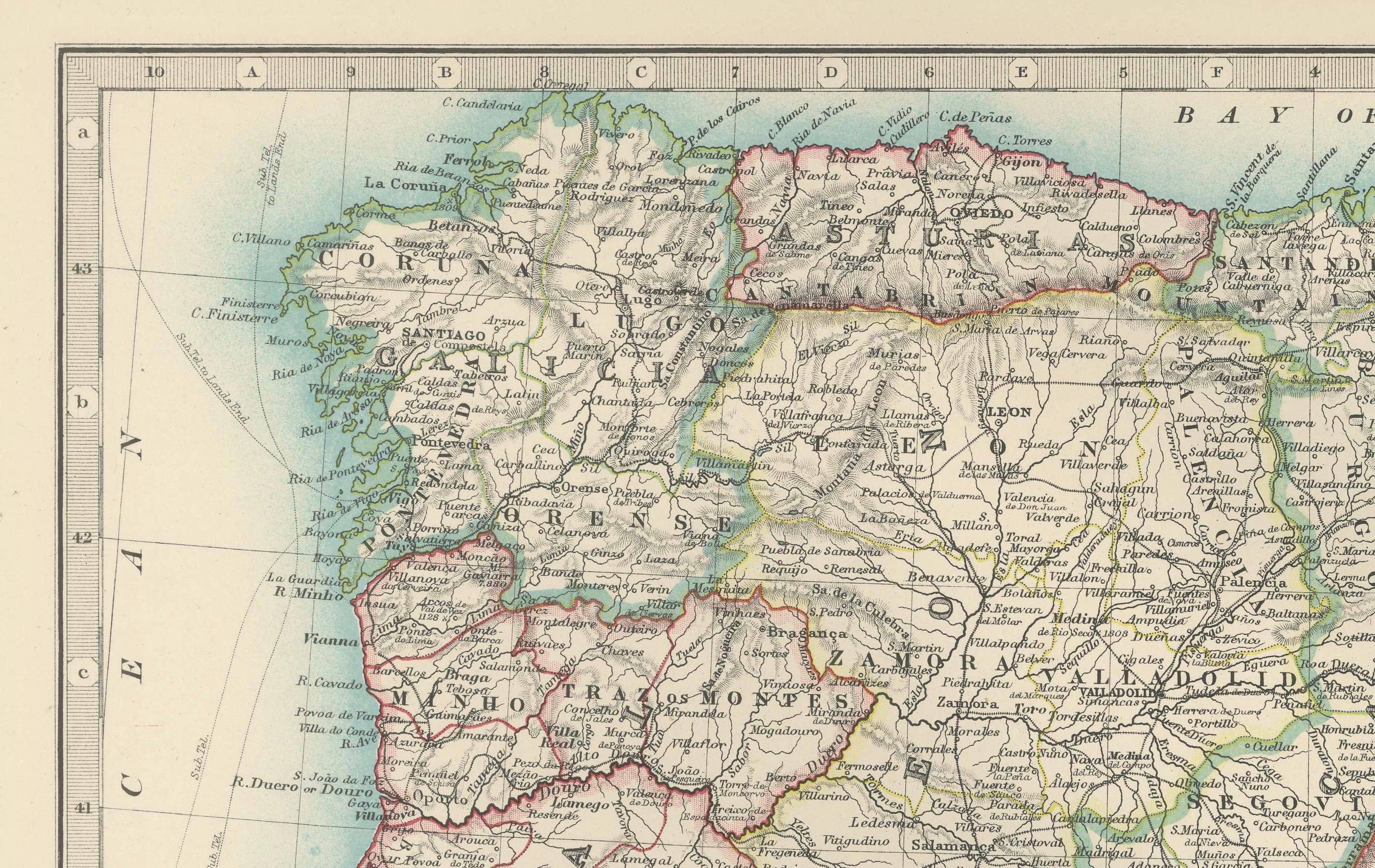 20ième siècle Carte ancienne de l'Espagne et du Portugal, 1903, limites régionales et détails côtiers en vente