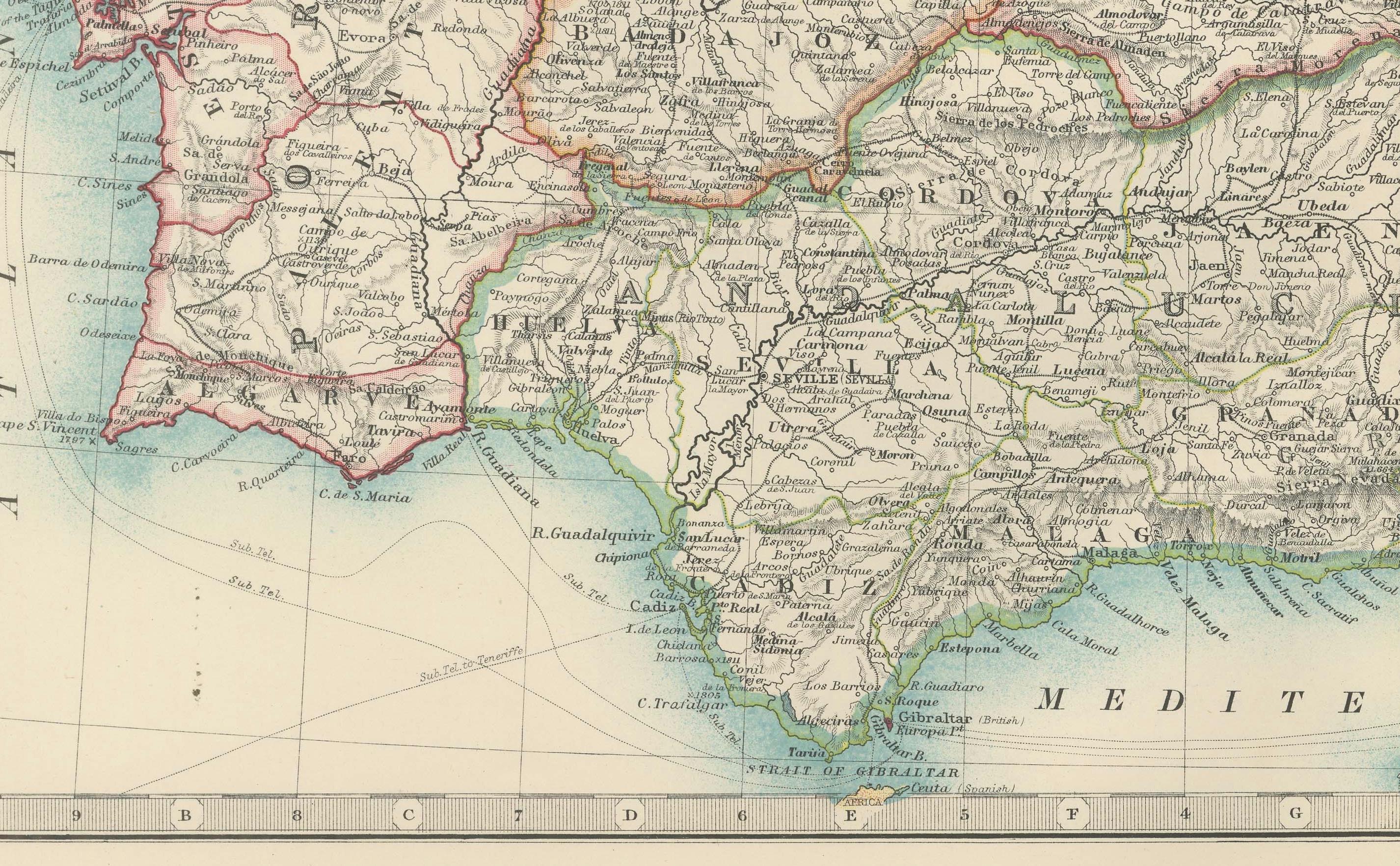 Papier Carte ancienne de l'Espagne et du Portugal, 1903, limites régionales et détails côtiers en vente
