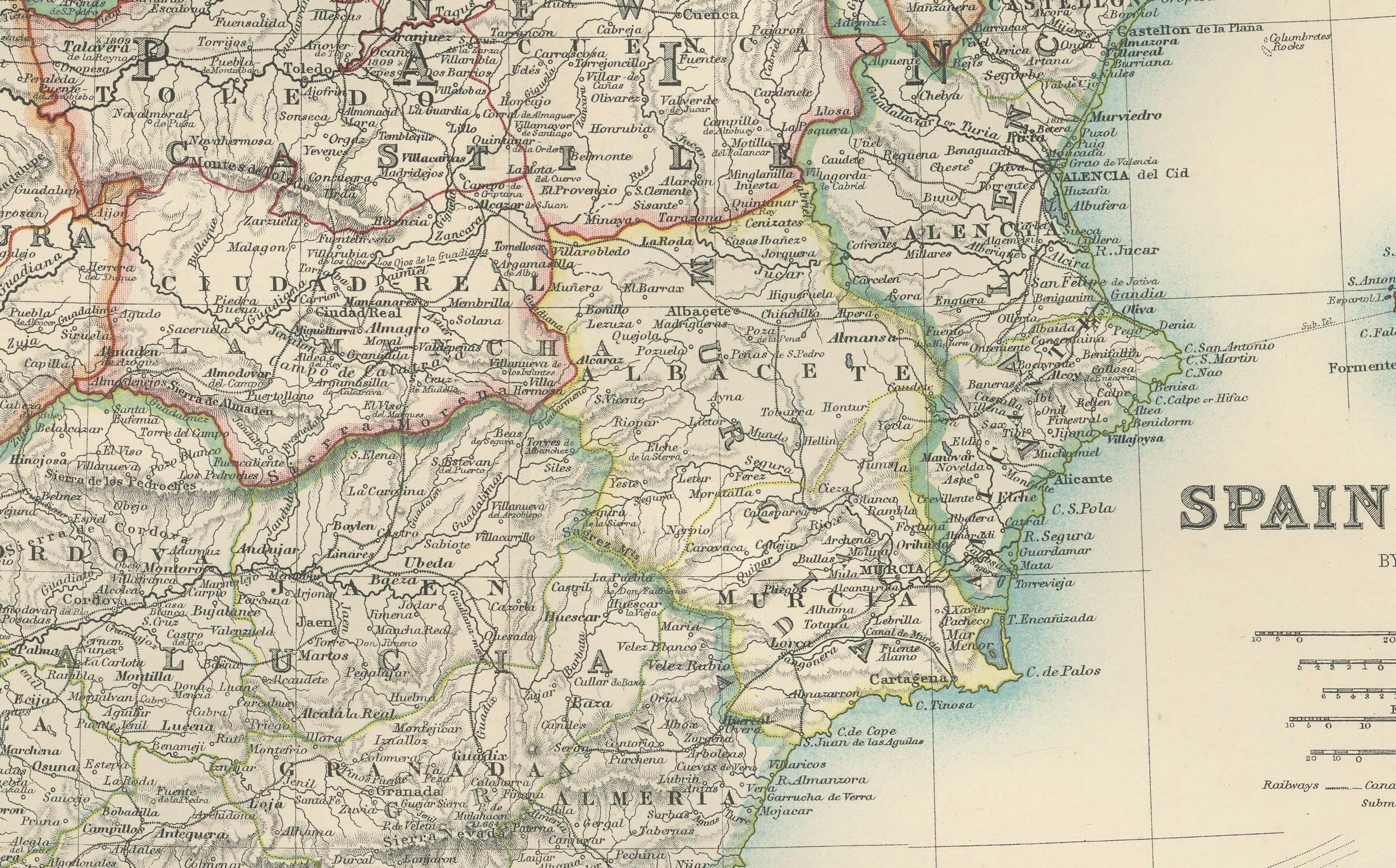 Carte ancienne de l'Espagne et du Portugal, 1903, limites régionales et détails côtiers en vente 1