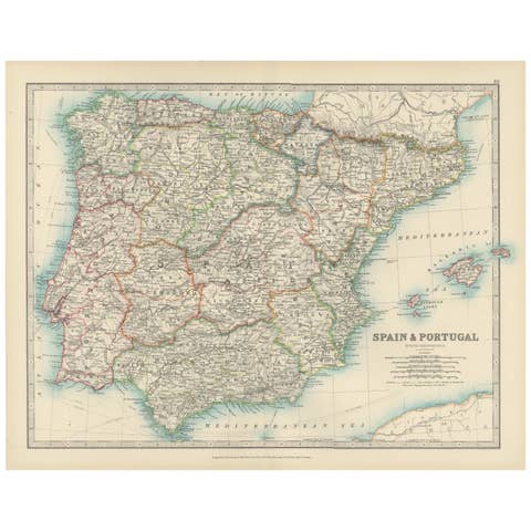 Antique Map of Spain and Portugal, 1903, Regional Boundaries and Coastal Detail