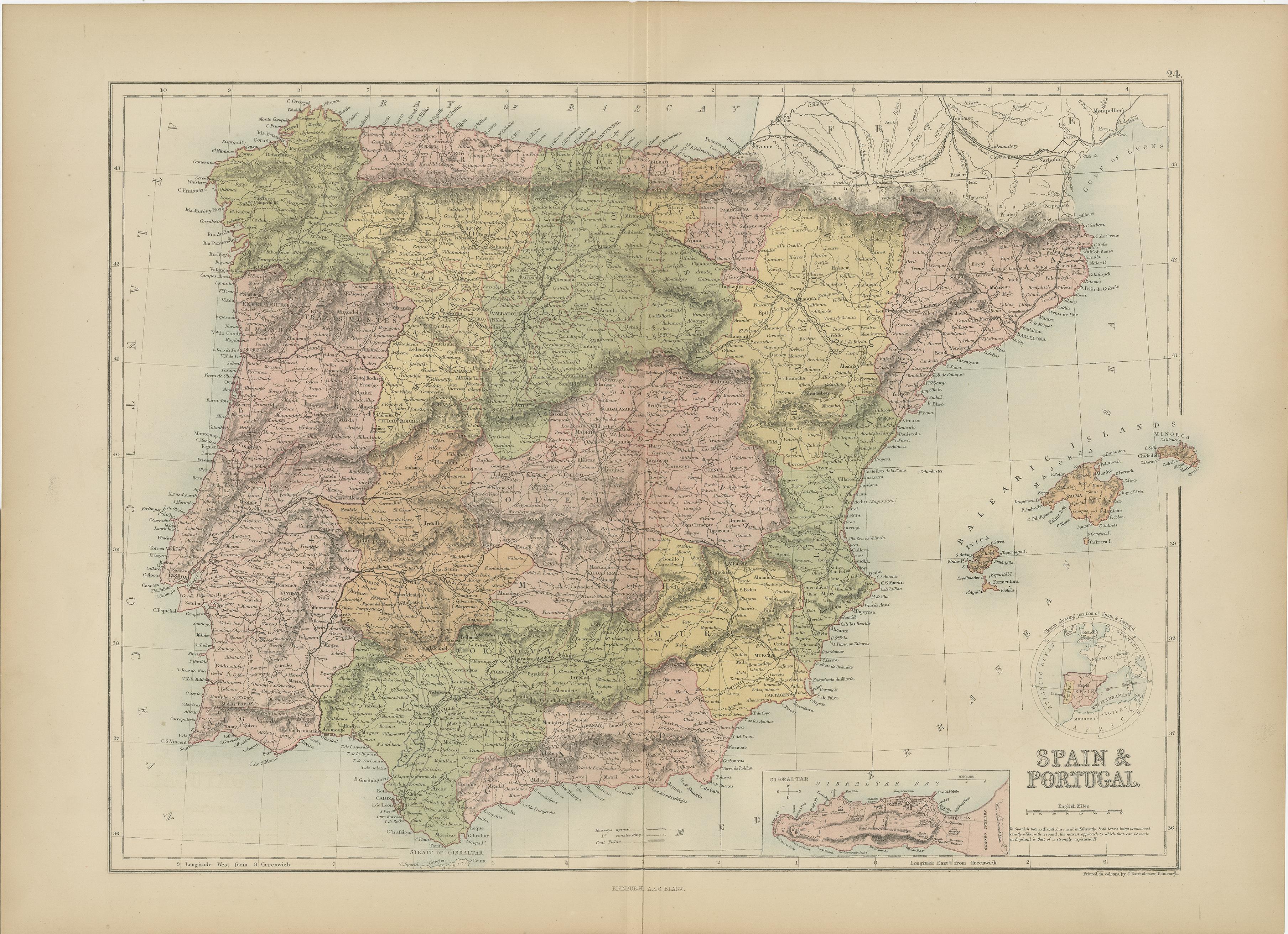 Antique map titled 'Spain and Portugal'. Original antique map of General map of Spain and Portugal with inset map of Gibraltar. This map originates from ‘Black's General Atlas of The World’. Published by A & C. Black, 1870.