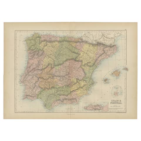 Antique Map of Spain and Portugal by A & C. Black, 1870