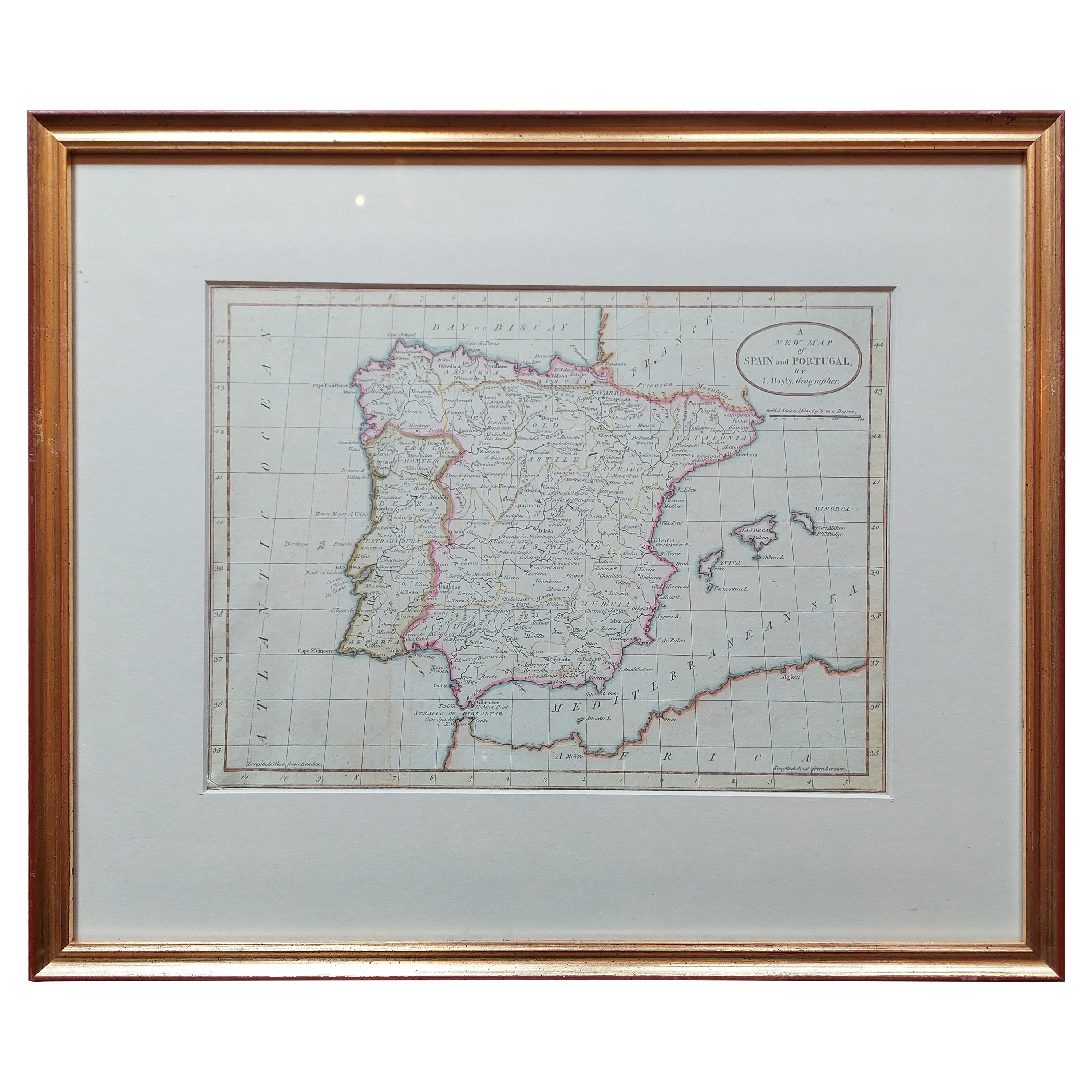 Antique Map of Spain and Portugal by Bayly, 'c.1795'