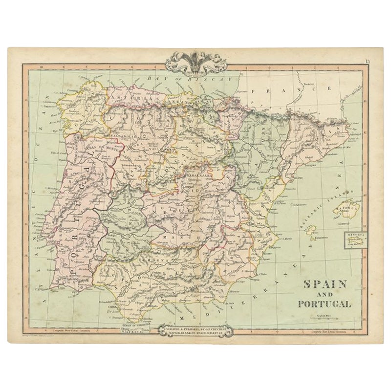 Carta geografica antica della Spagna e del Portogallo di Cruchley, 1854