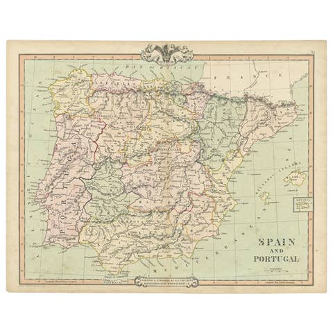 Antique Map of Spain and Portugal by Cruchley, 1854