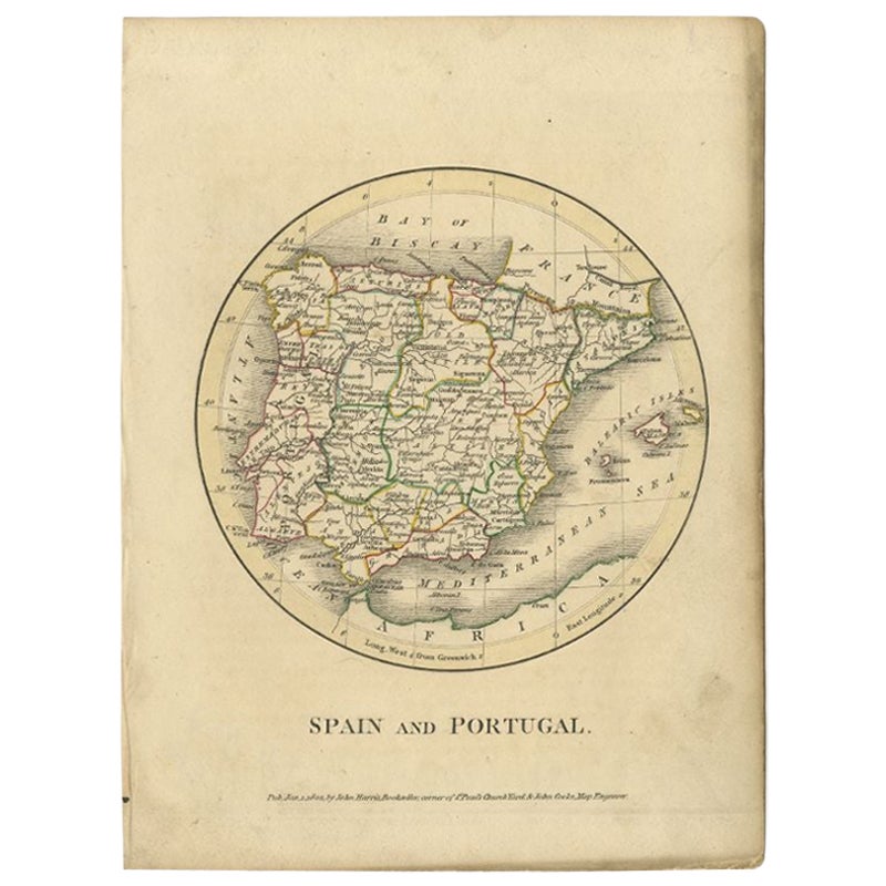 Mapa antiguo de España y Portugal por Harris, 1802