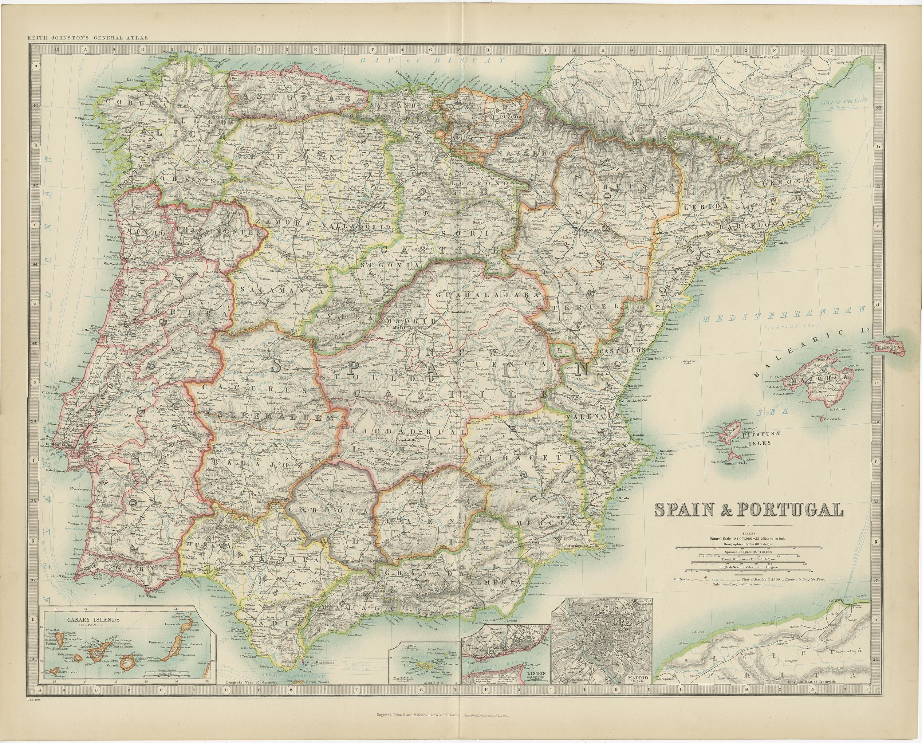 Antique map titled 'Spain and Portugal'. Original antique map of Spain and Portugal. With inset maps of the Canary Islands, Madeira, Lisbon and Madrid. This map originates from the ‘Royal Atlas of Modern Geography’. Published by W. & A.K. Johnston,