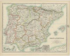 Antique Map of Spain and Portugal by Johnston, '1909'