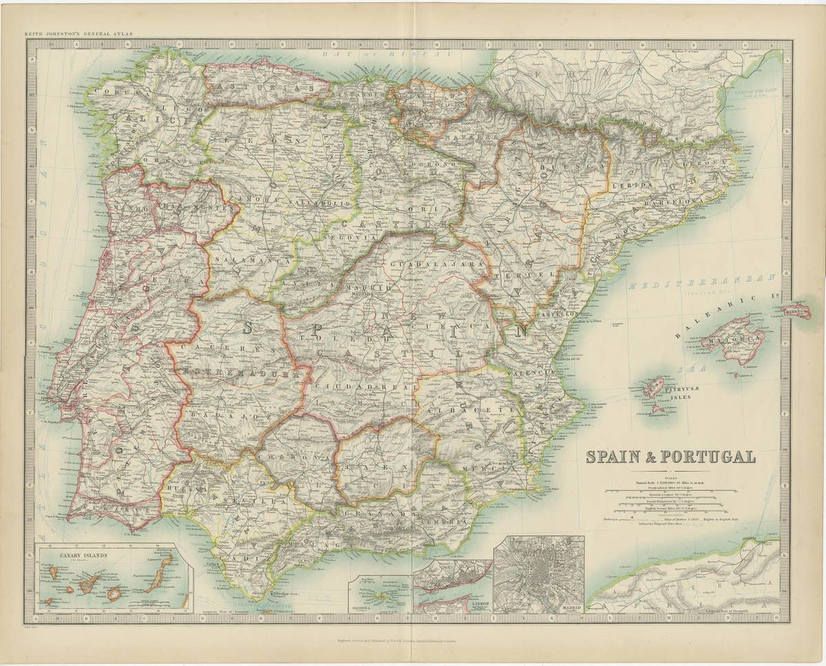 Antique Map of Spain and Portugal by Johnston, '1909'