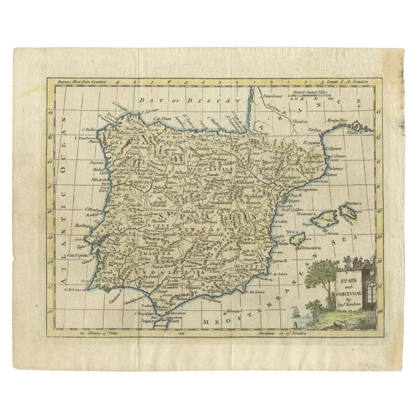 Antique Map of Spain and Portugal by Kitchin, 1770 For Sale