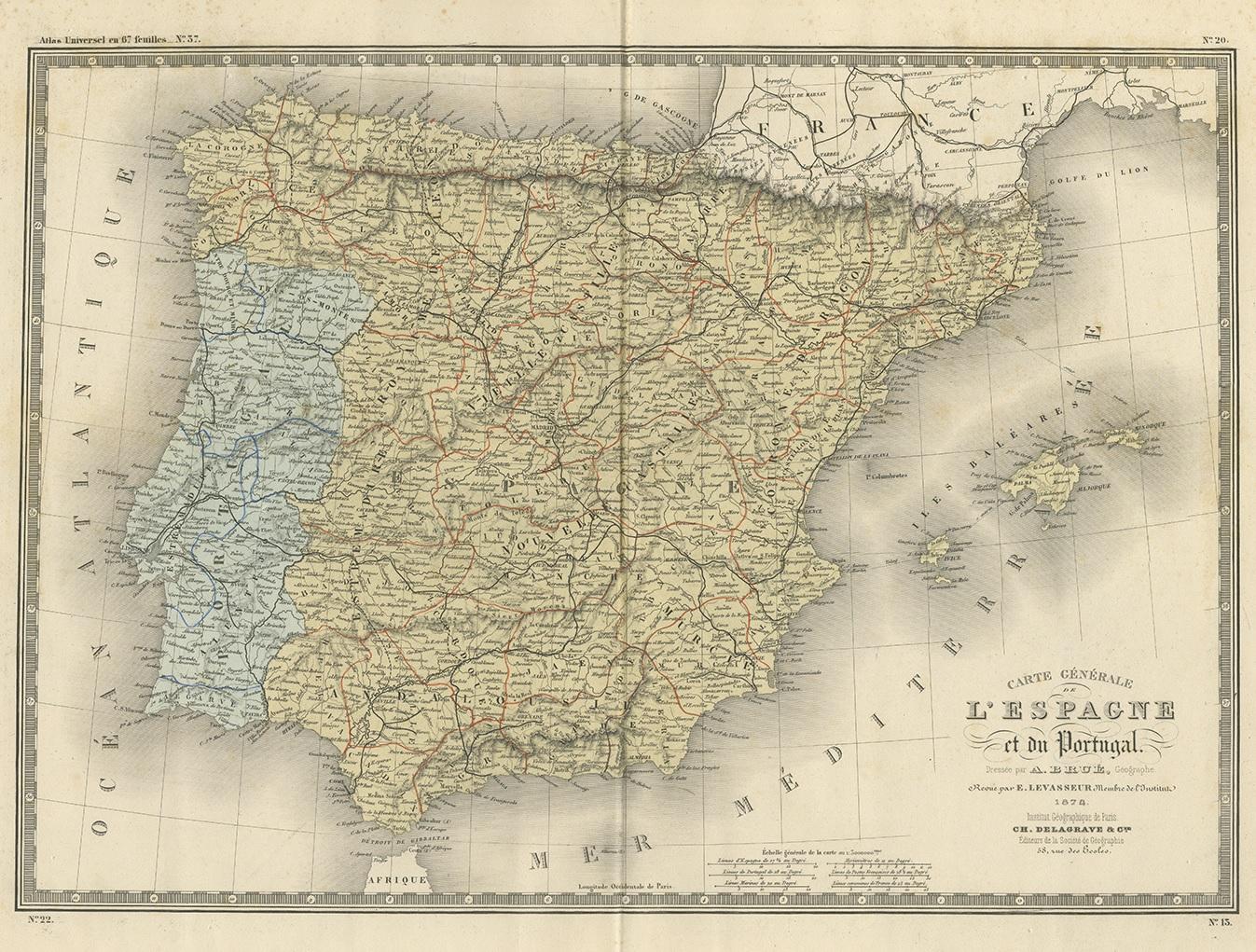 Antique map titled 'Carte générale de l'Espagne et du Portugal (..)'. Large map of Spain and Portugal. This map originates from 'Atlas de Géographie Moderne Physique et Politique' by A. Levasseur. Published, 1875.