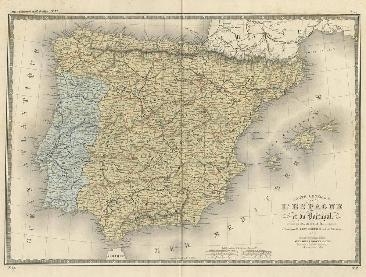 Antique Map of Spain and Portugal by Levasseur, '1875'