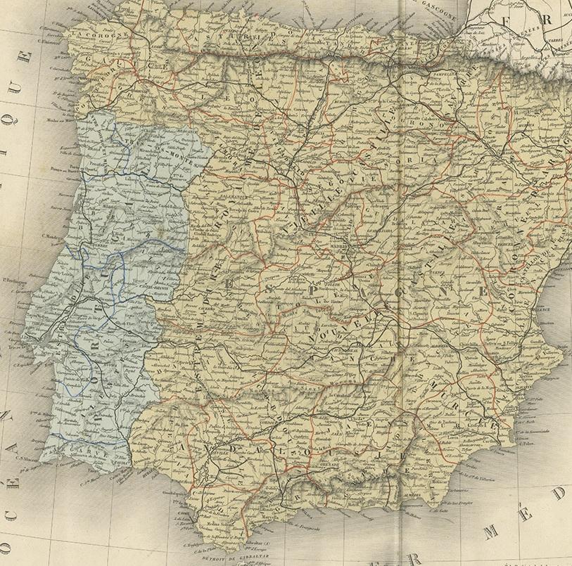 Mapa antiguo de España y Portugal por Levasseur, '1875 en Bueno estado para la venta en Langweer, NL