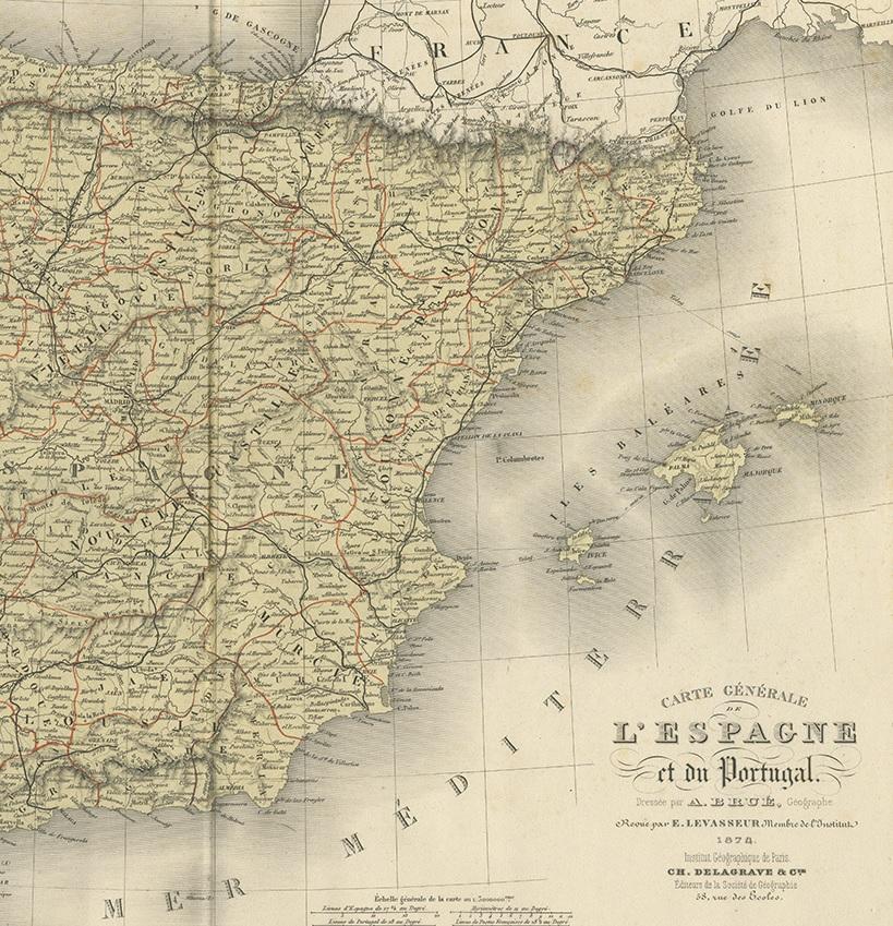 Antike Karte von Spanien und Portugal von Levasseur, 1875 (19. Jahrhundert) im Angebot