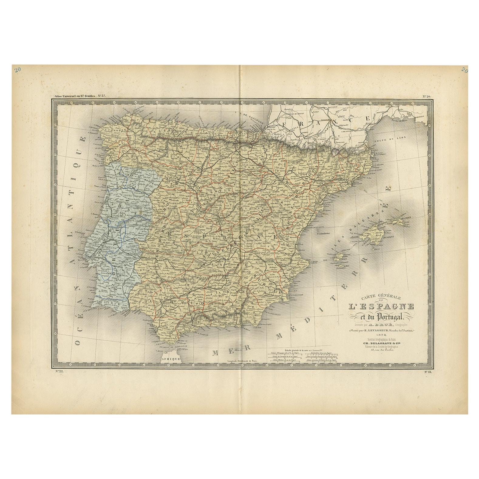 Antique Map of Spain and Portugal by Levasseur, '1875' For Sale