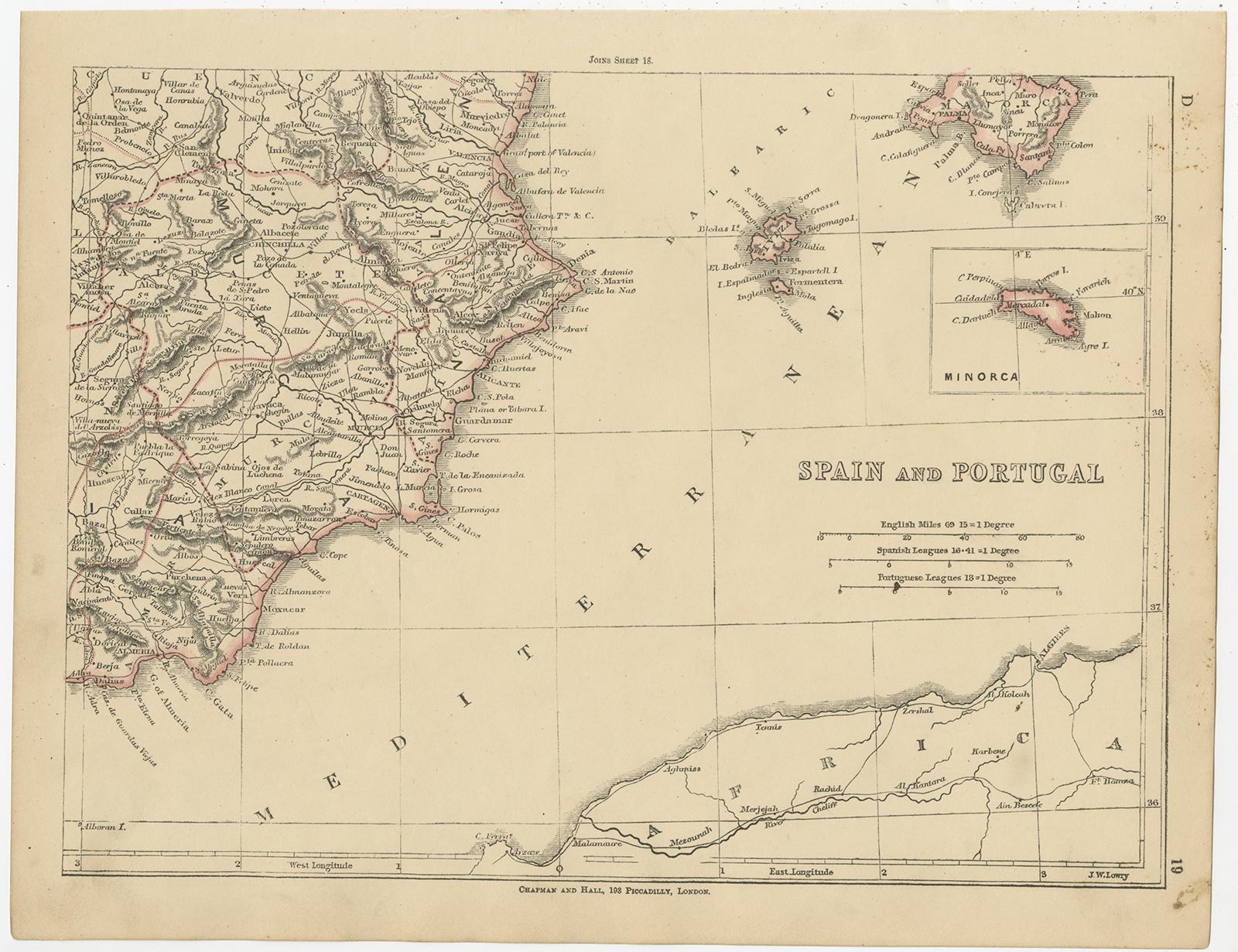 Paper Antique Map of Spain and Portugal by Lowry, '1852'