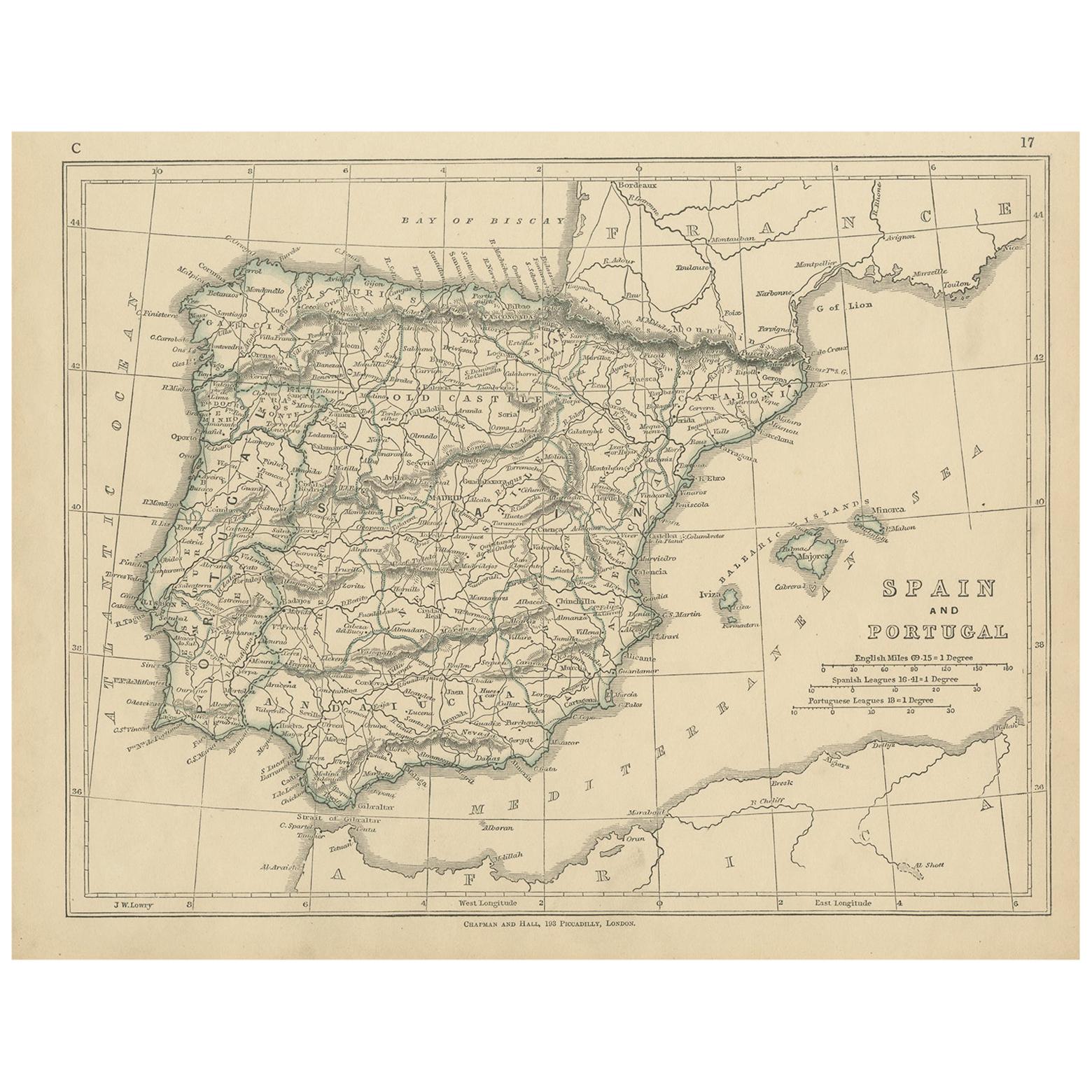 Antique Map of Spain and Portugal by Lowry, '1852' For Sale